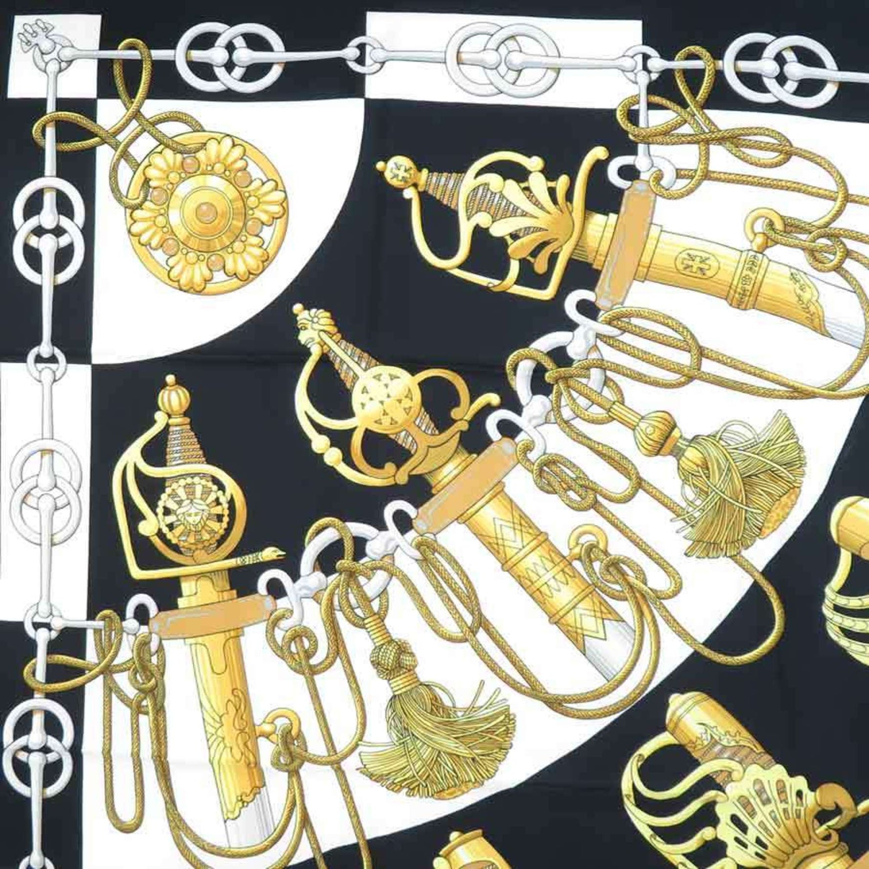 Hermes Scarf/Muffler Carre 90 Cliquetis Silk Black Gold White