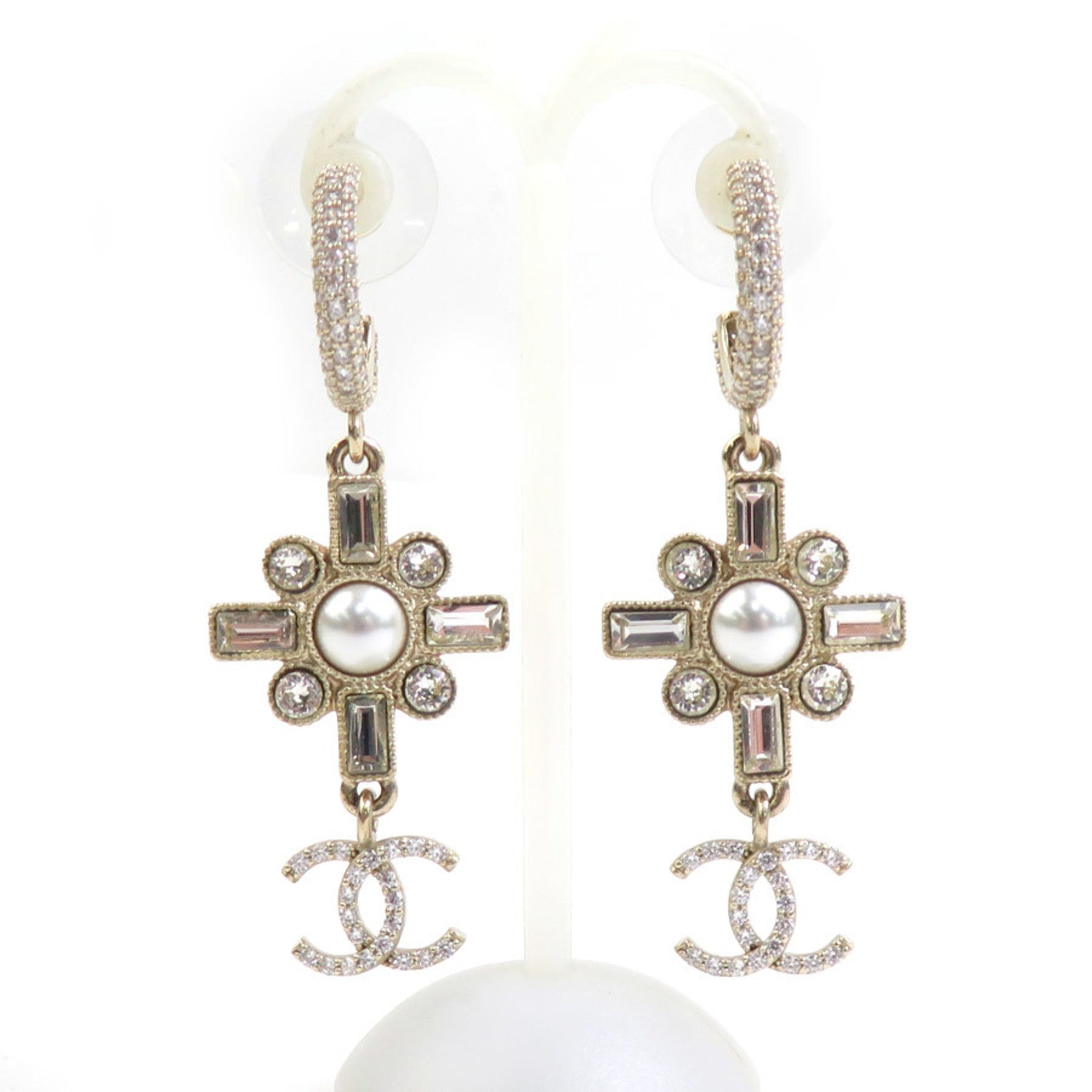 CHANEL Metal Pearl Earrings, Gold and White