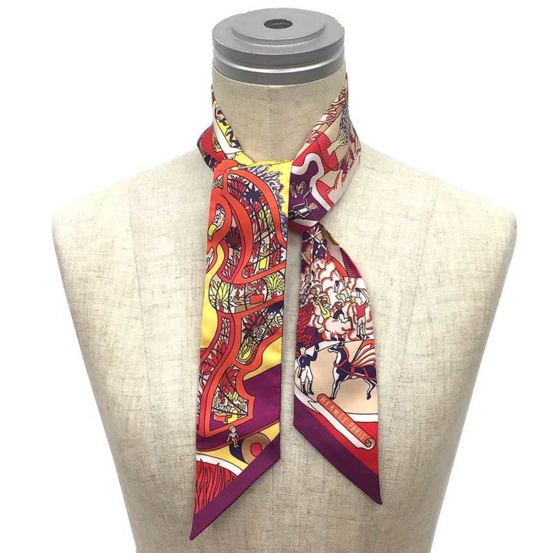 HERMES Twilly Scarf Muffler Exposition Universelle Rouge/Violet/Jaune Vif Silk