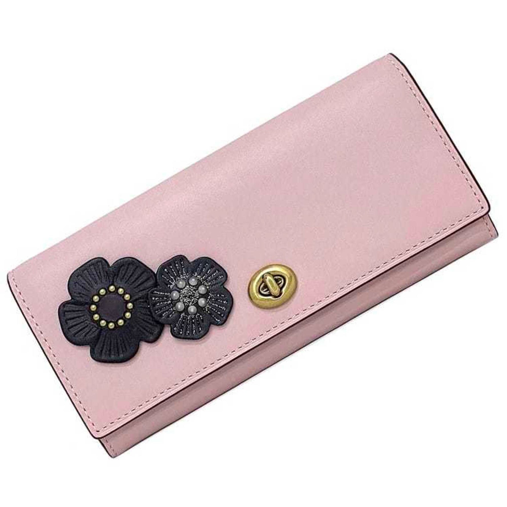 Coach Bifold Long Wallet Pink Black Gold Flap Glove Tan Leather Turnlock Flower Studs Ladies