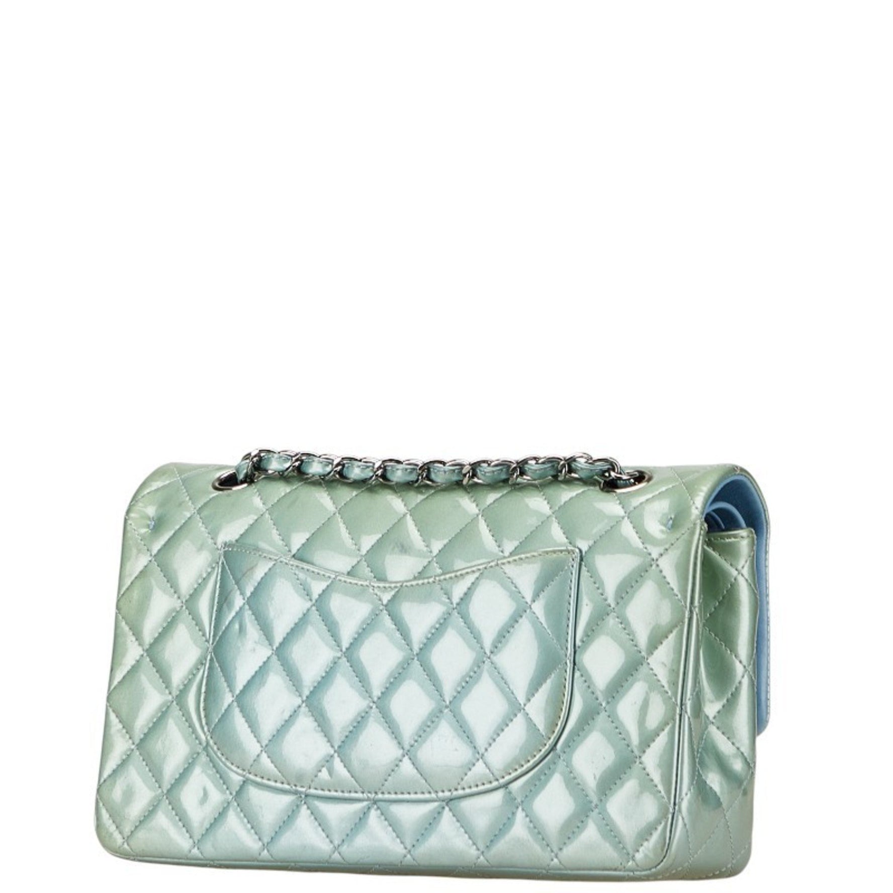 CHANEL Coco Mark Matelasse 25 Double Flap Chain Shoulder Bag in Metallic Green Patent Leather