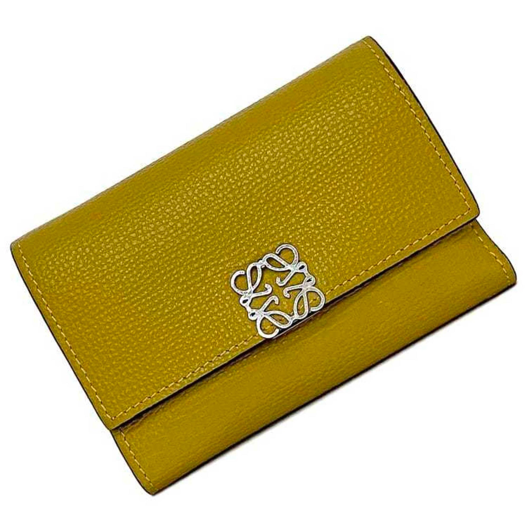 LOEWE Tri-fold Wallet Small Vertical Yellow Khaki Anagram Leather Compact Grained