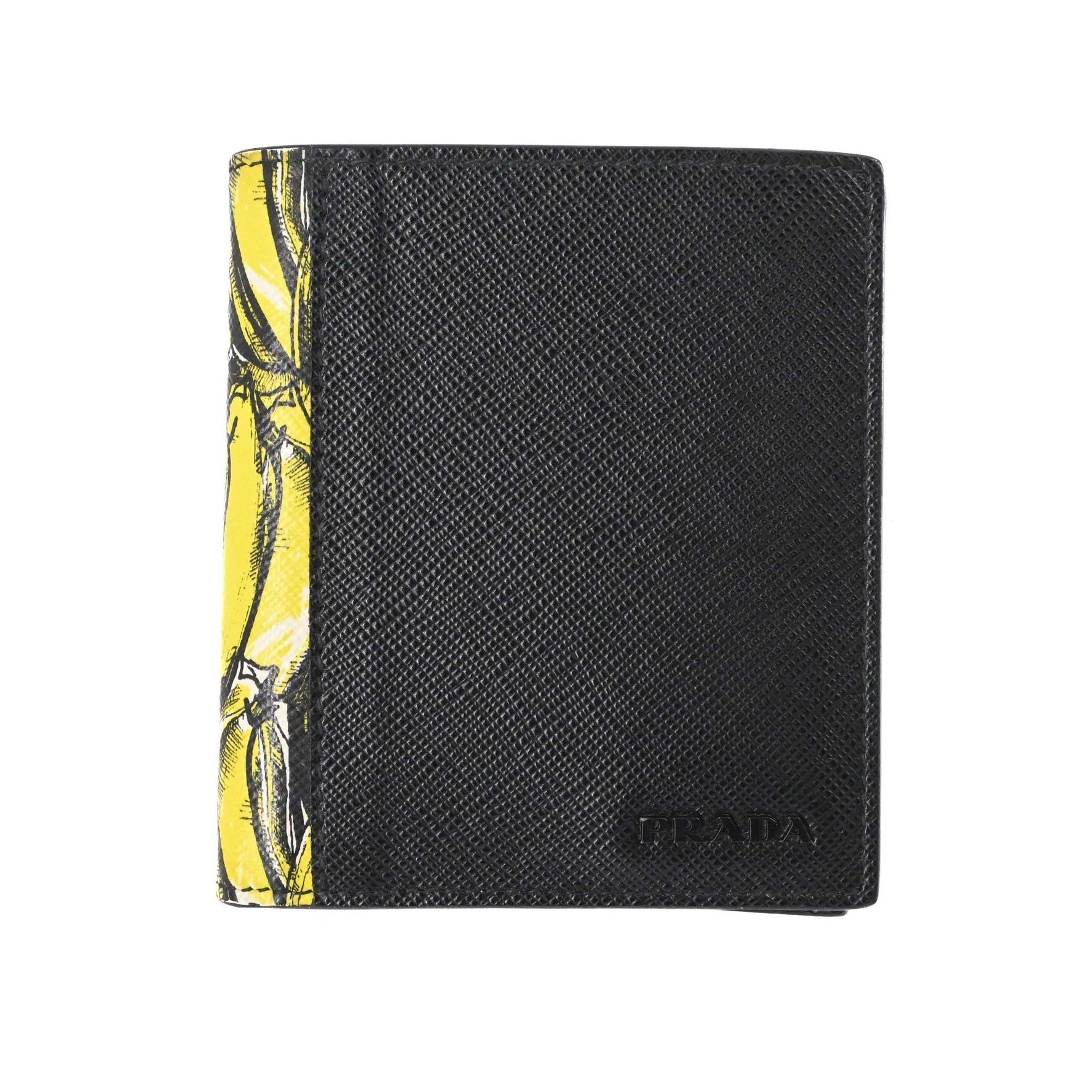 PRADA Saffiano Active Banana Tropical Compact Bifold Wallet in Black