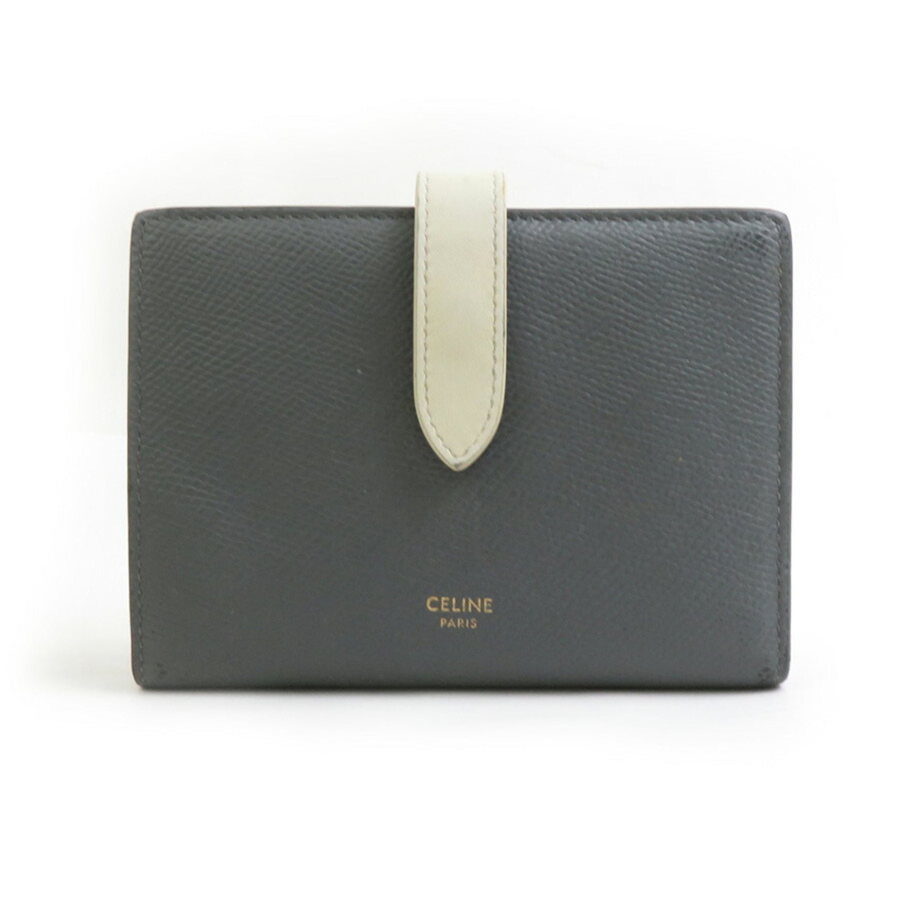CELINE Bi-fold Wallet Medium Strap Leather Gray x Ivory