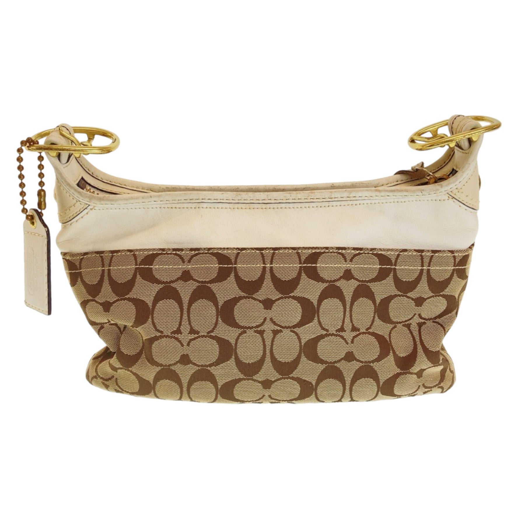 COACH Signature Beige White Gold Hardware Canvas Leather Shoulder Bag Pochette Crossbody