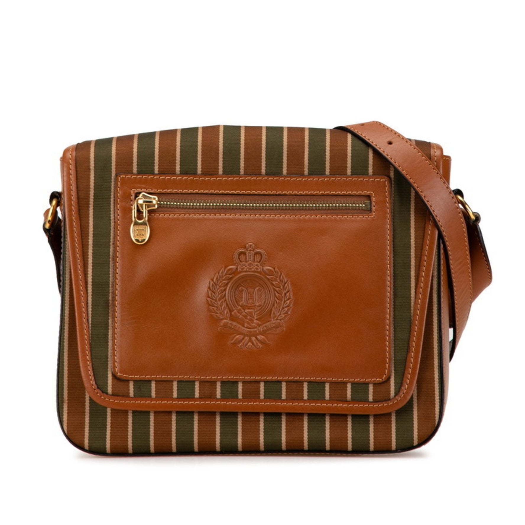 Celine Triomphe Striped Shoulder Bag Brown Green Canvas Leather