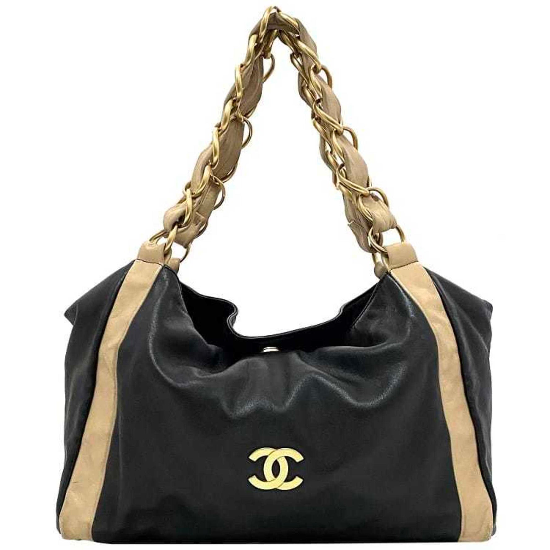 Chanel Chain Tote Bag Black Beige Gold Cocomark Leather Lambskin Big Soft