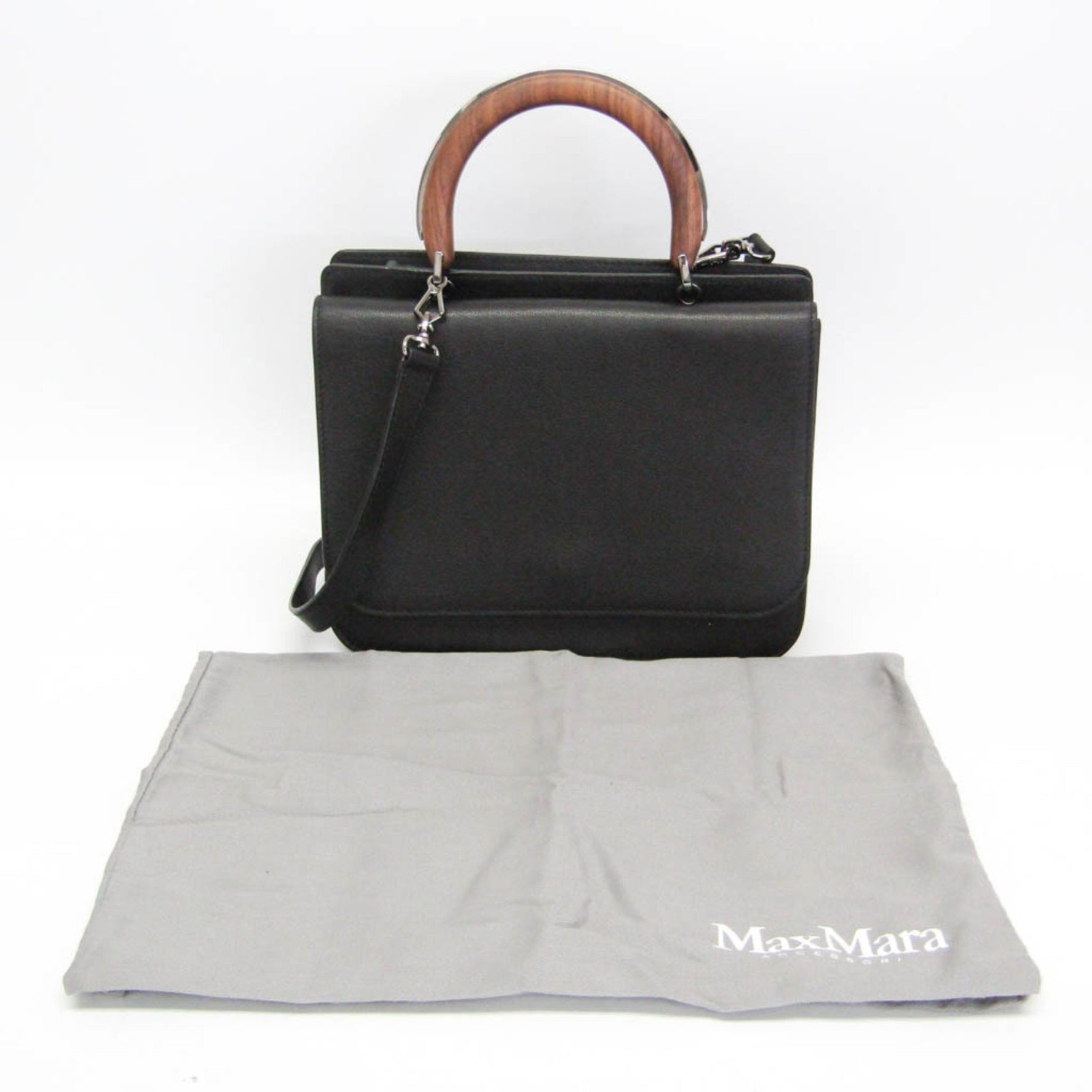 Max Mara Wooden Handle Flap Bag Women's Leather,Wood Handbag,Shoulder Bag Black