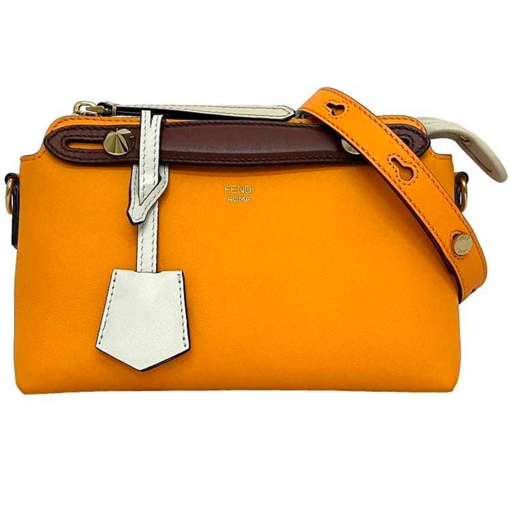 Fendi visor way orange white brown leather shoulder bag handbag pochette studs ladies