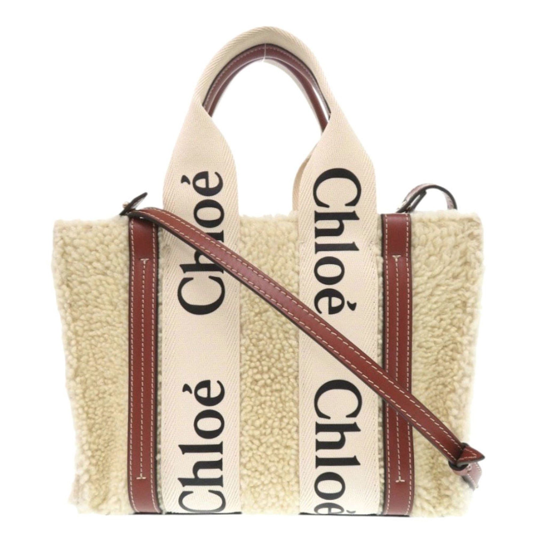Chloé Like new Chloe WOODY Small Tote Bag Boa Leather Beige Brown Handbag