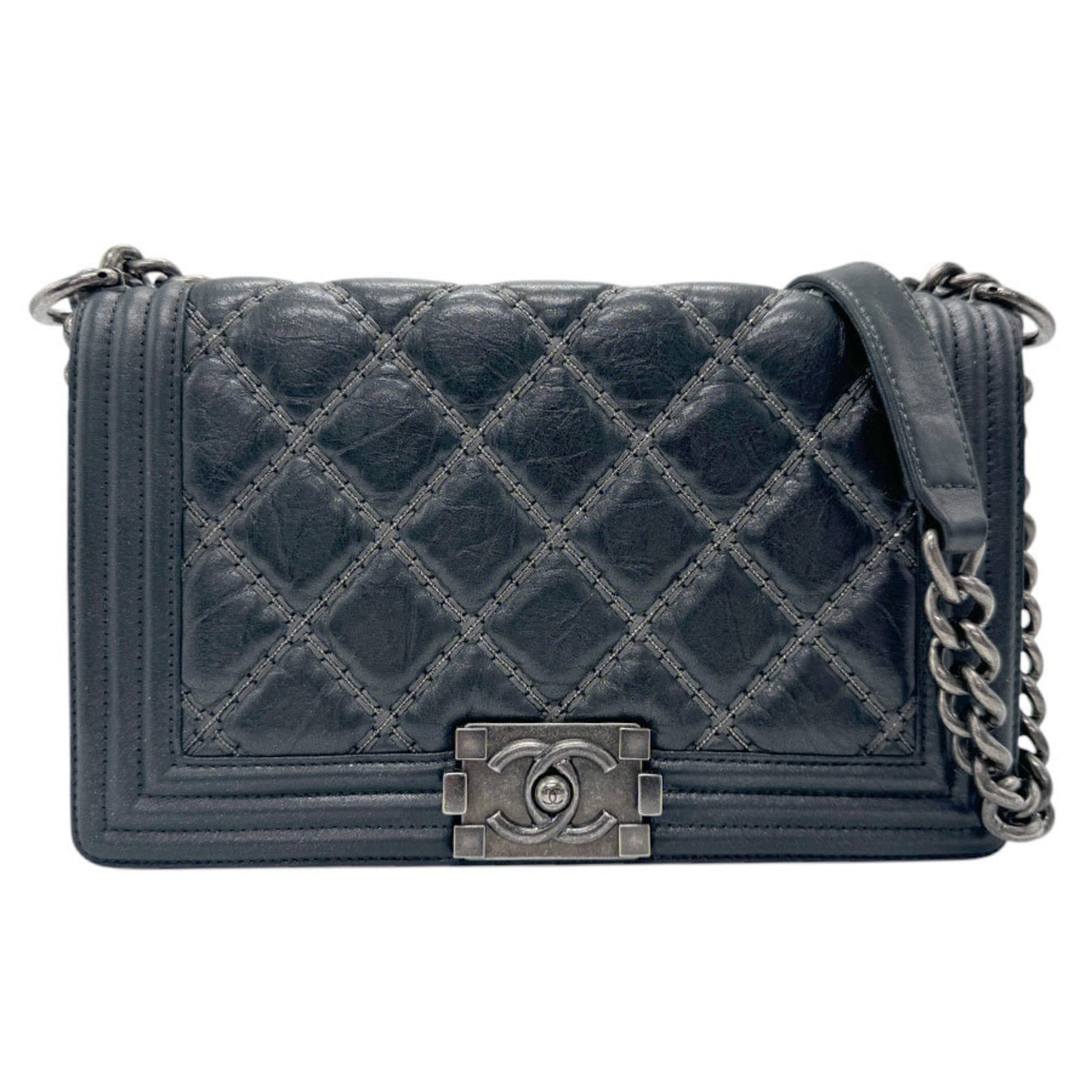 CHANEL Shoulder Bag Boy Leather Metal Silver Black