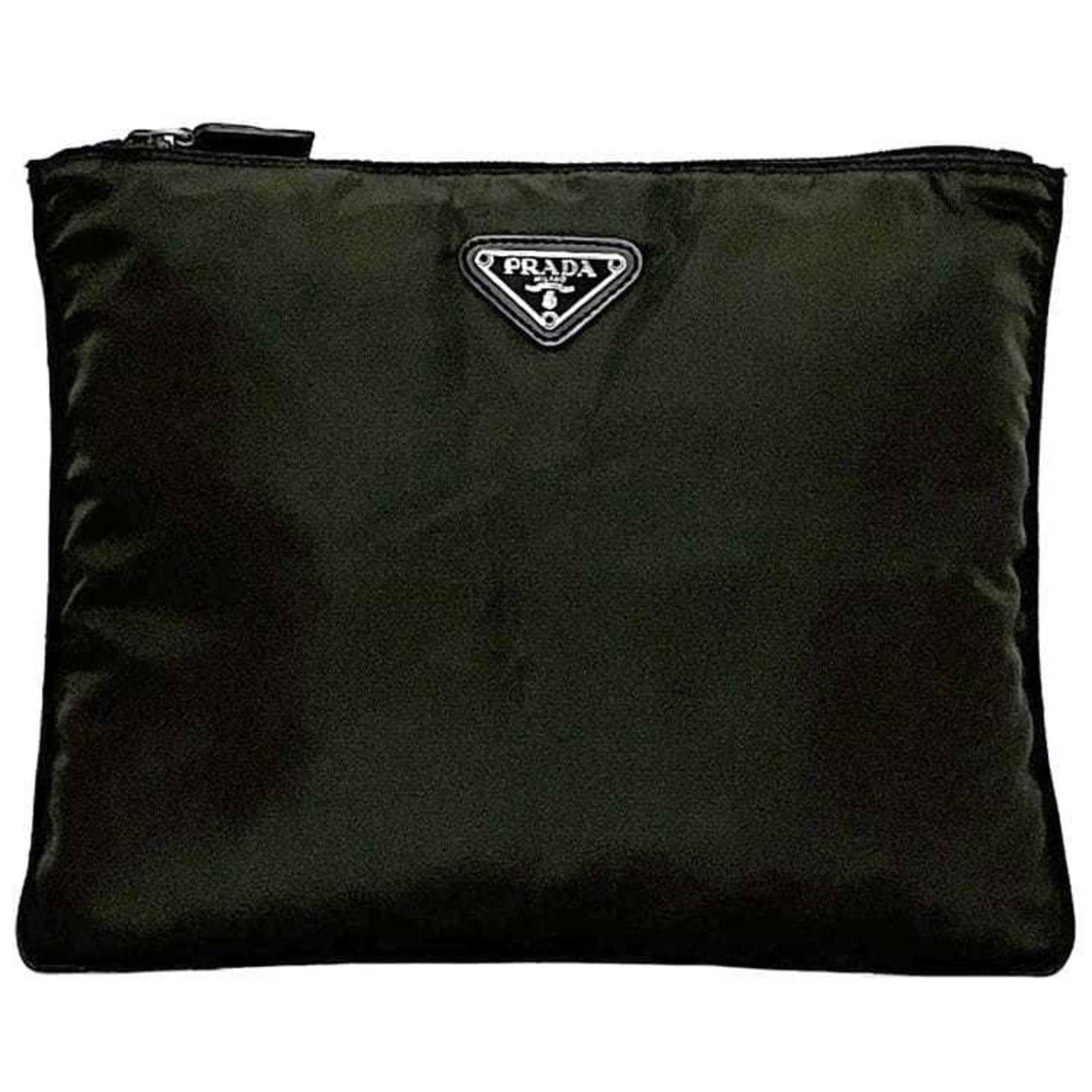 Prada Pouch Khaki Green LODEN Vela Nylon Leather 59 Triangular Plate Case