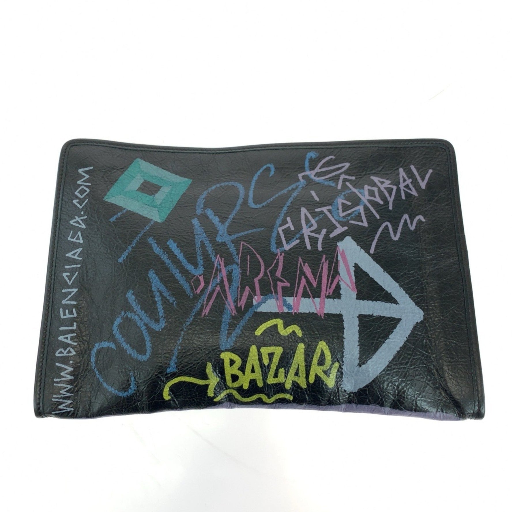 BALENCIAGA Graffiti Print Black Multicolor Silver Hardware Leather 1060 Clutch Bag Second
