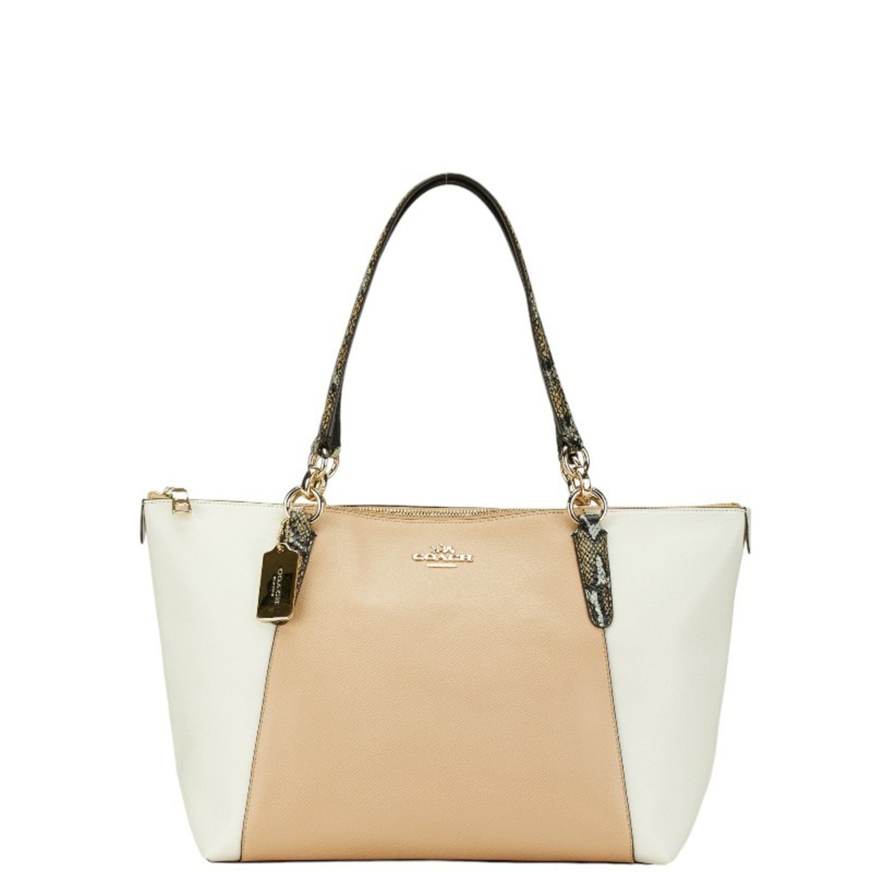 Coach Tote Bag Shoulder Beige White Leather