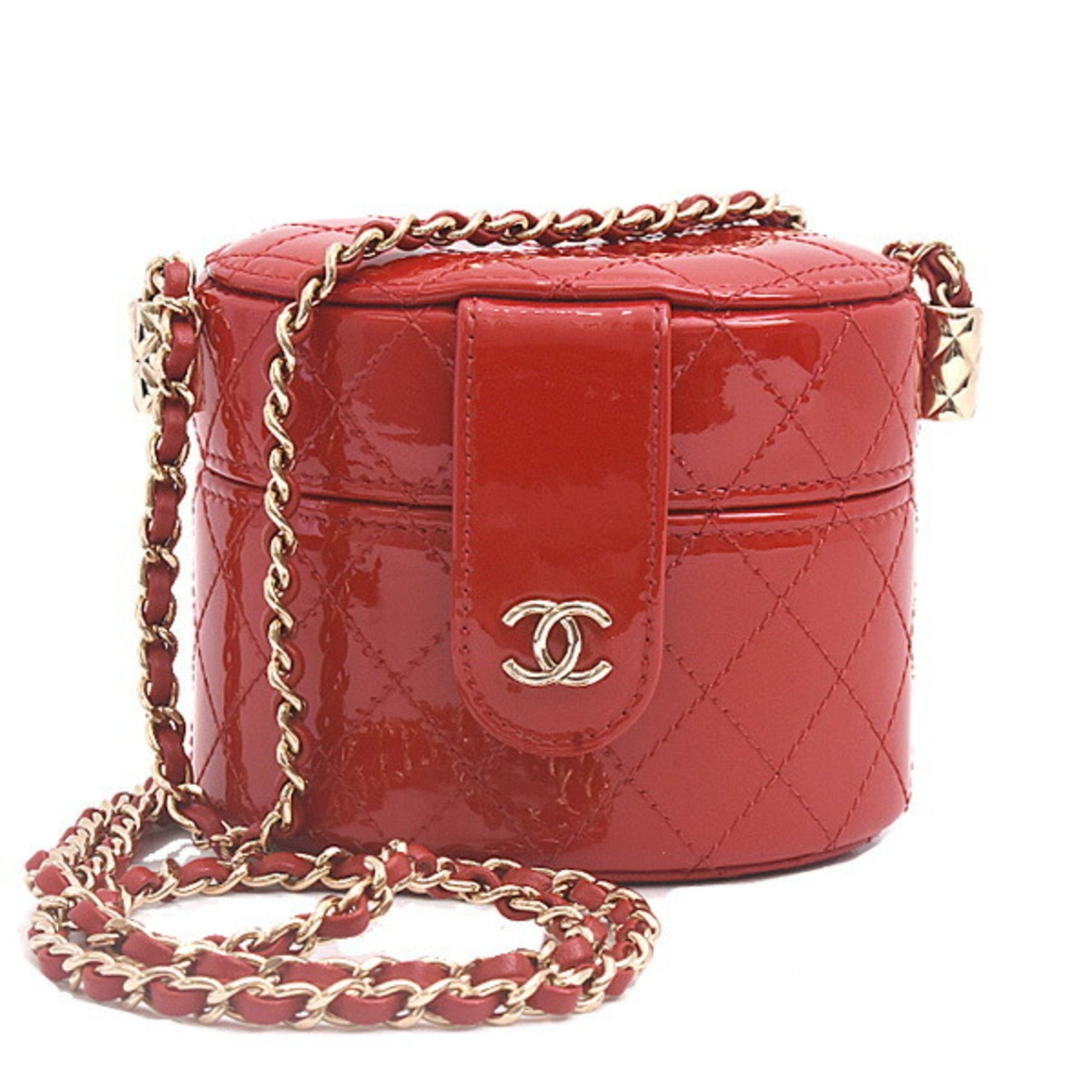 Chanel Matelasse Mini Chain Shoulder Bag Vanity Patent Leather Red