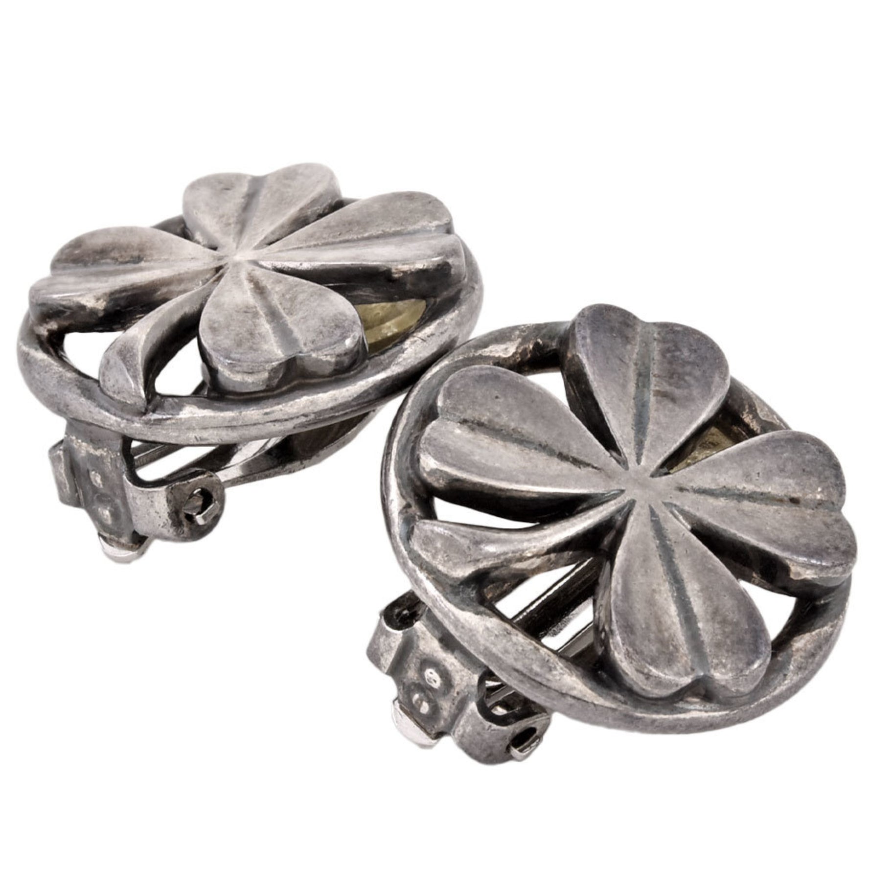 CHANEL Round Clover Earrings Metal Engraved Silver Circle