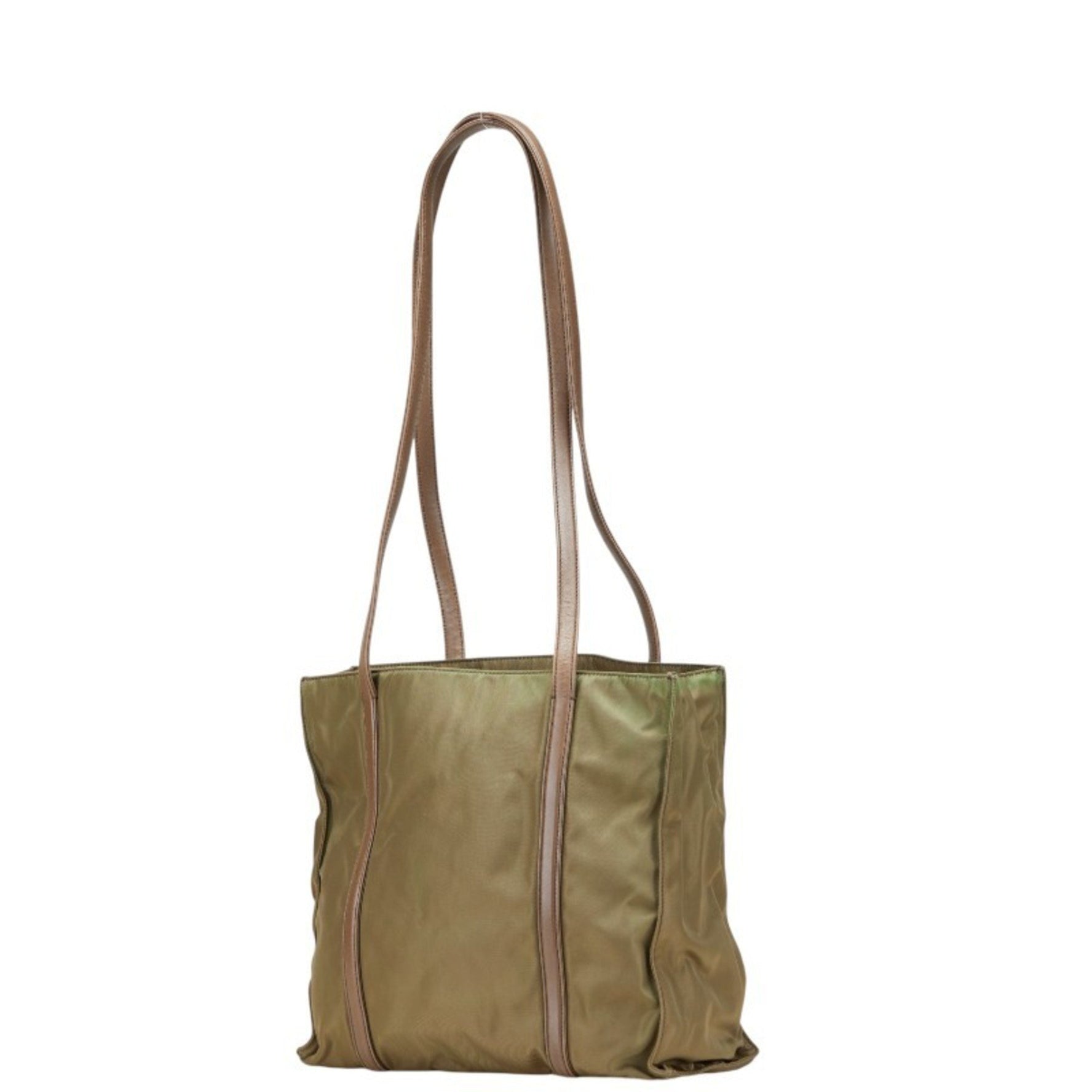Prada Triangle Logo Plate One-Shoulder Bag Tote Khaki Brown Nylon Leather