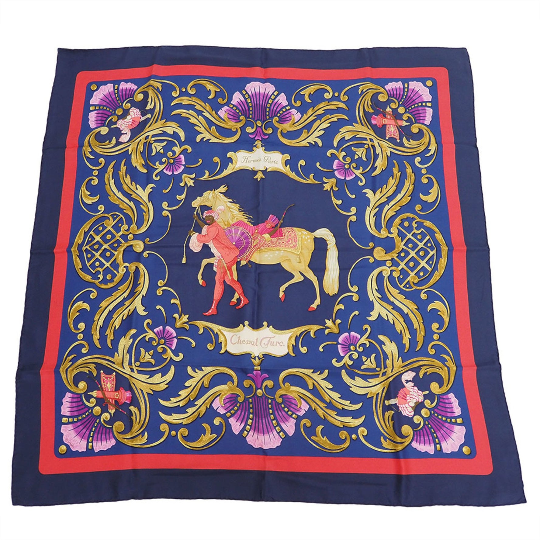 Hermes Carre 90 Scarf Muffler Turkish Horse Cheval Turc Navy x Blue Red Silk