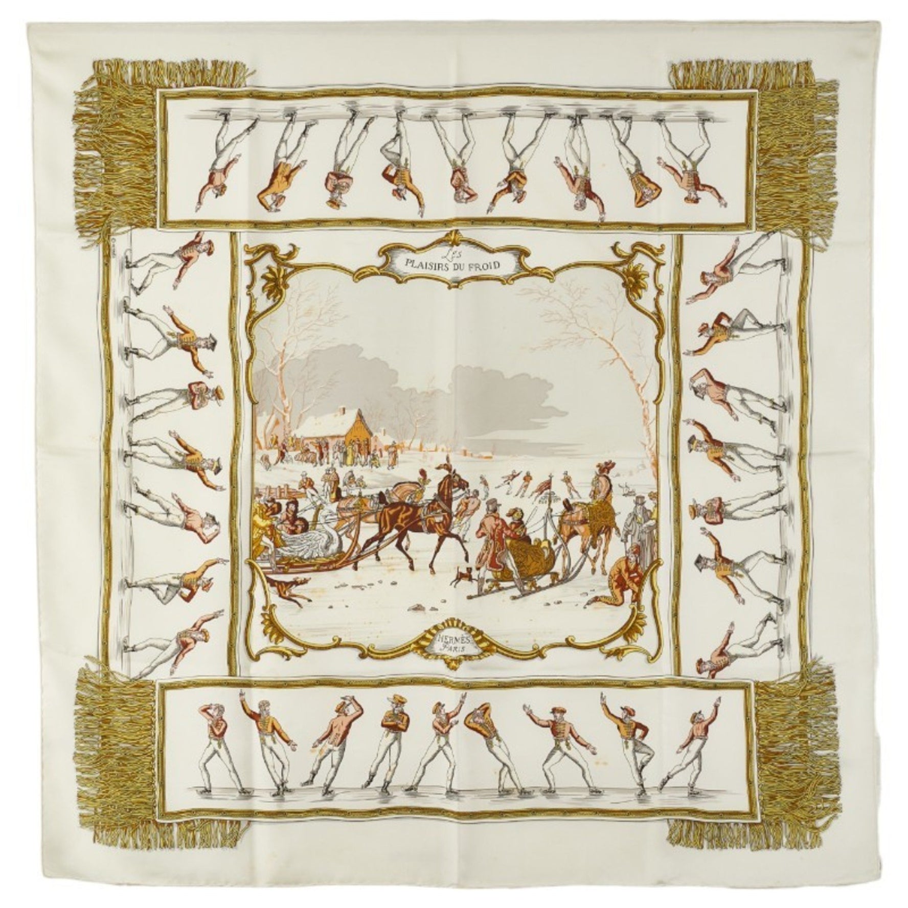 Hermes Hermès Carré 90 "Les Plaisirs du Froid" (Joys on Ice) scarf, white, gold, and multicolored silk, .