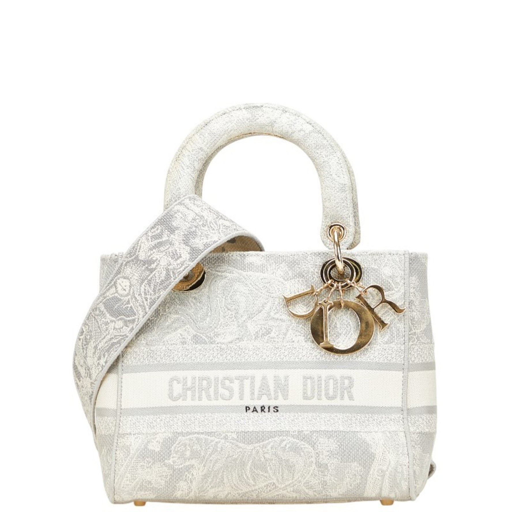 Christian Dior Dior Lady Embroidered Handbag/Shoulder Bag Gray White Canvas