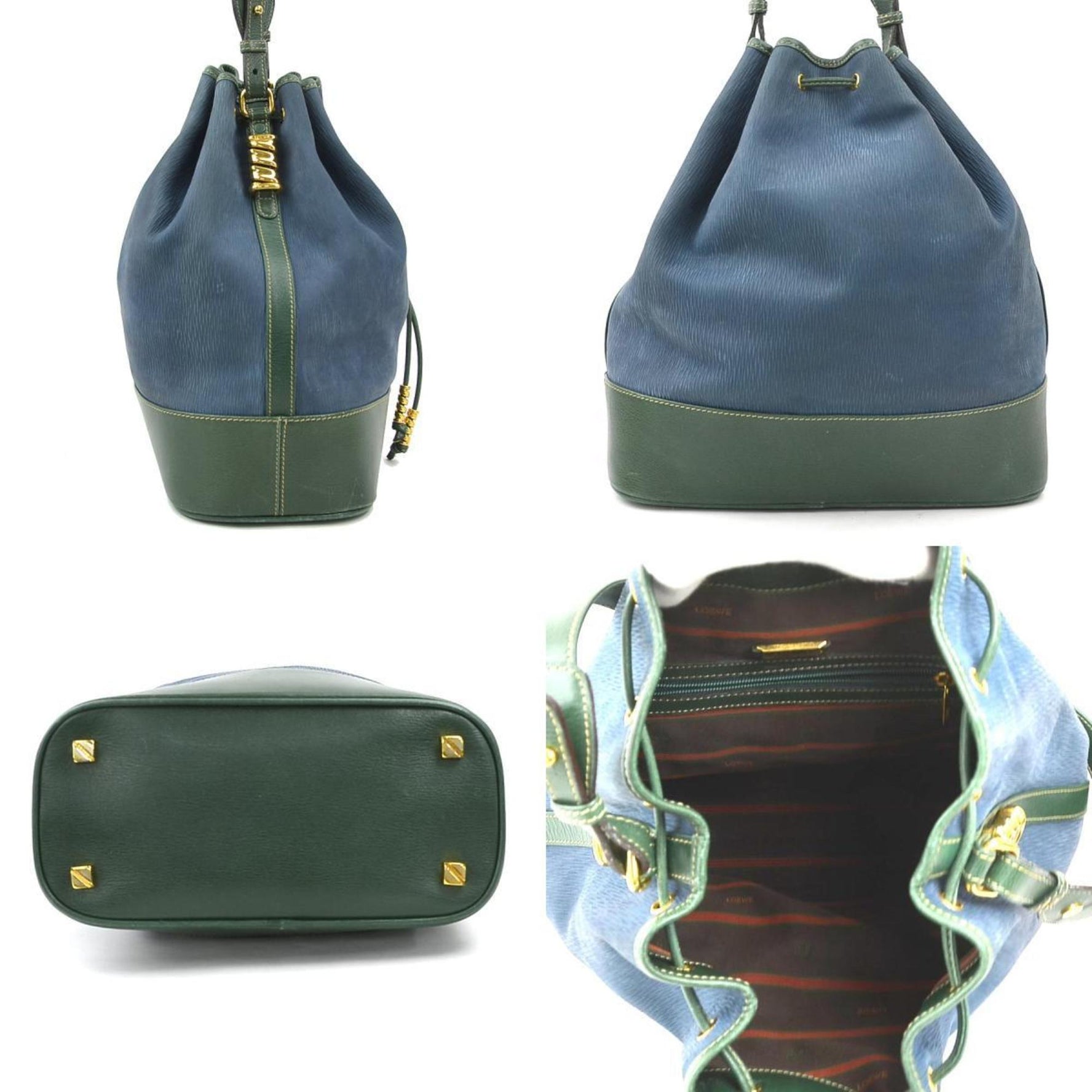 LOEWE Shoulder Bag Nubuck Leather Dark Blue Green Gold