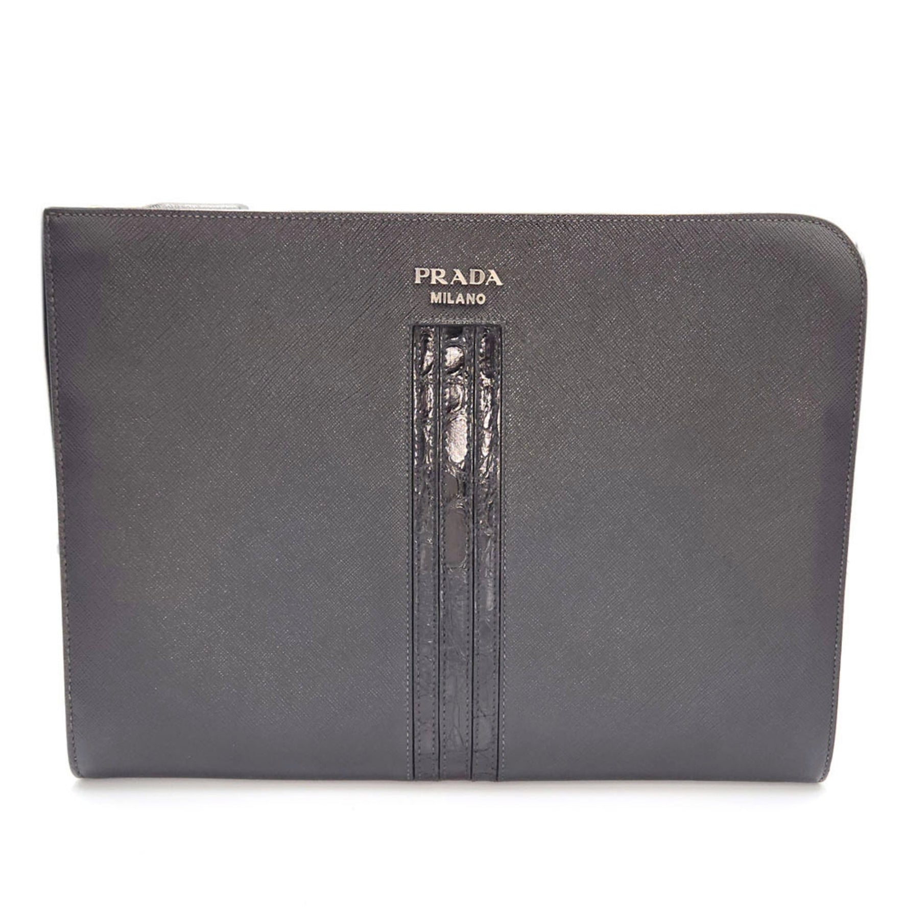 PRADA Saffiano Clutch Bag Leather Men's L-Shaped Document Case
