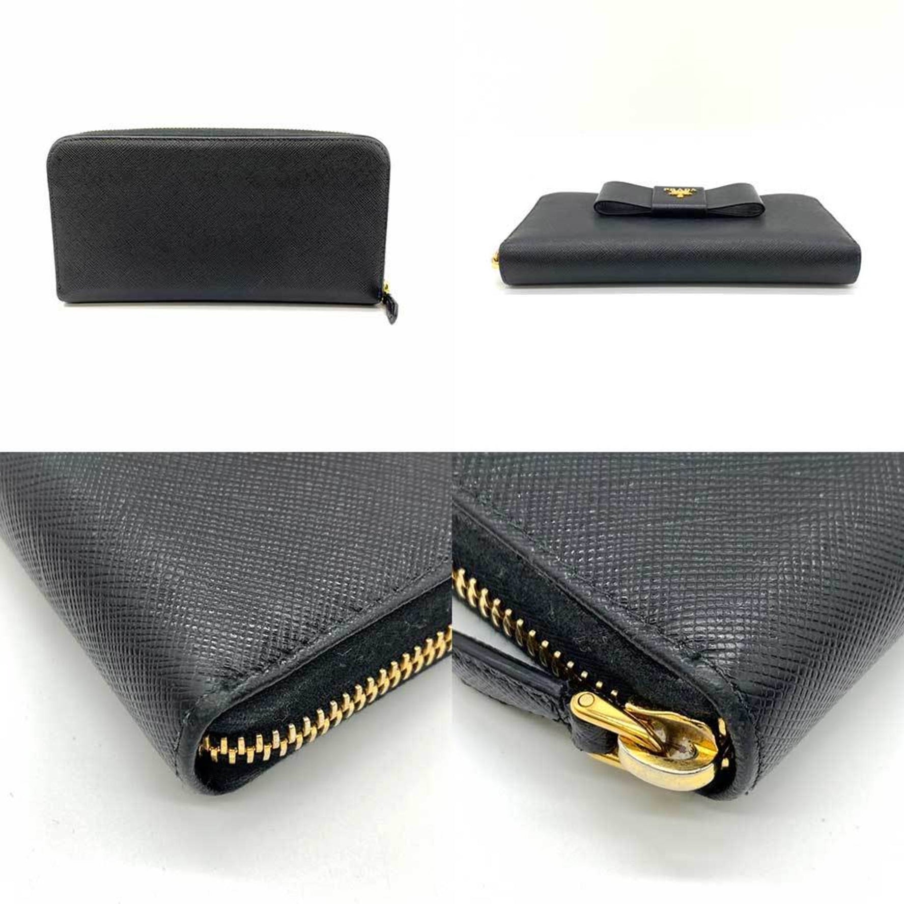 Prada Wallet Long Round Nero Ribbon Saffiano Leather