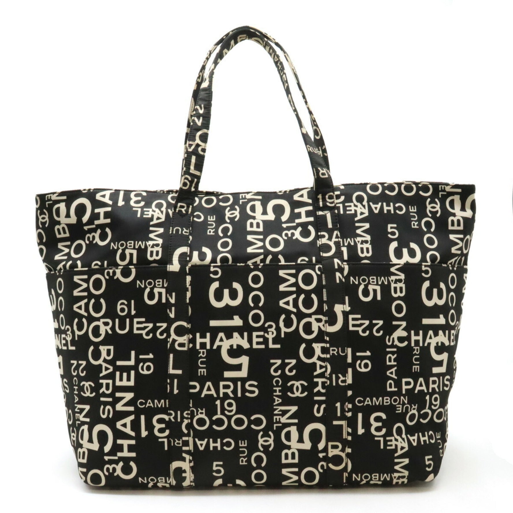 CHANEL By Sea Line Tote Bag Large Shoulder Plastic Chain Canvas Black Ivory