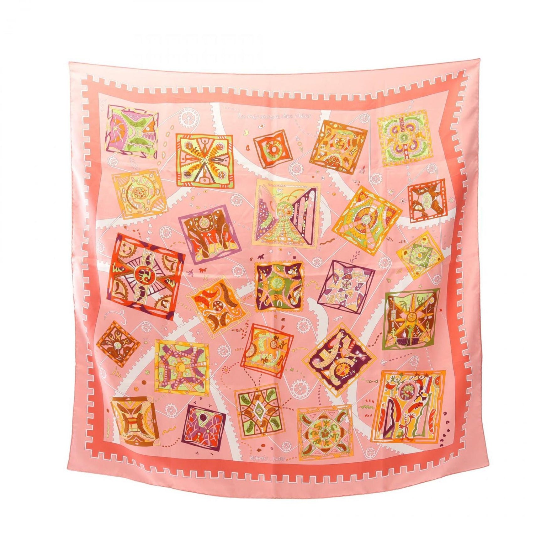 Hermes Carré 90 La Mecanique des Ideas Scarf Silk Pink Multicolor