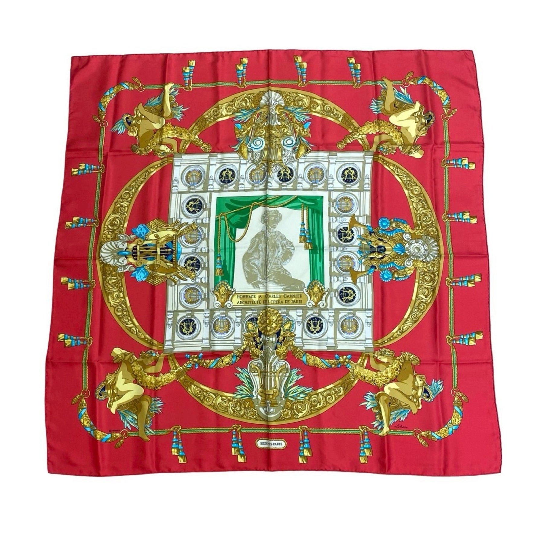 HERMES Vintage Carré 90 Hommage a Charles Garnier Silk Scarf in Red and Multicolor - A Tribute to