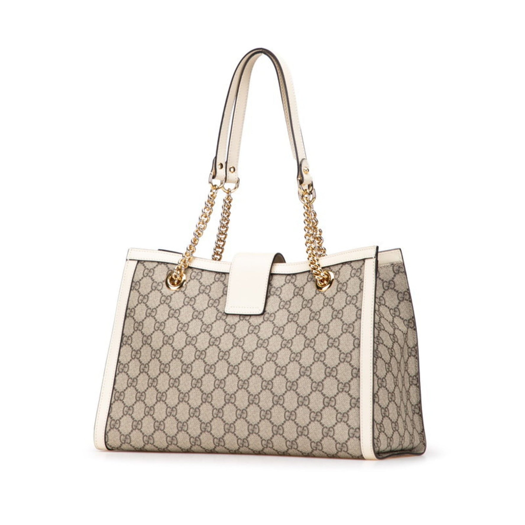 Gucci GG Supreme Padlock Medium Chain Tote/Shoulder Bag Beige/White PVC Leather