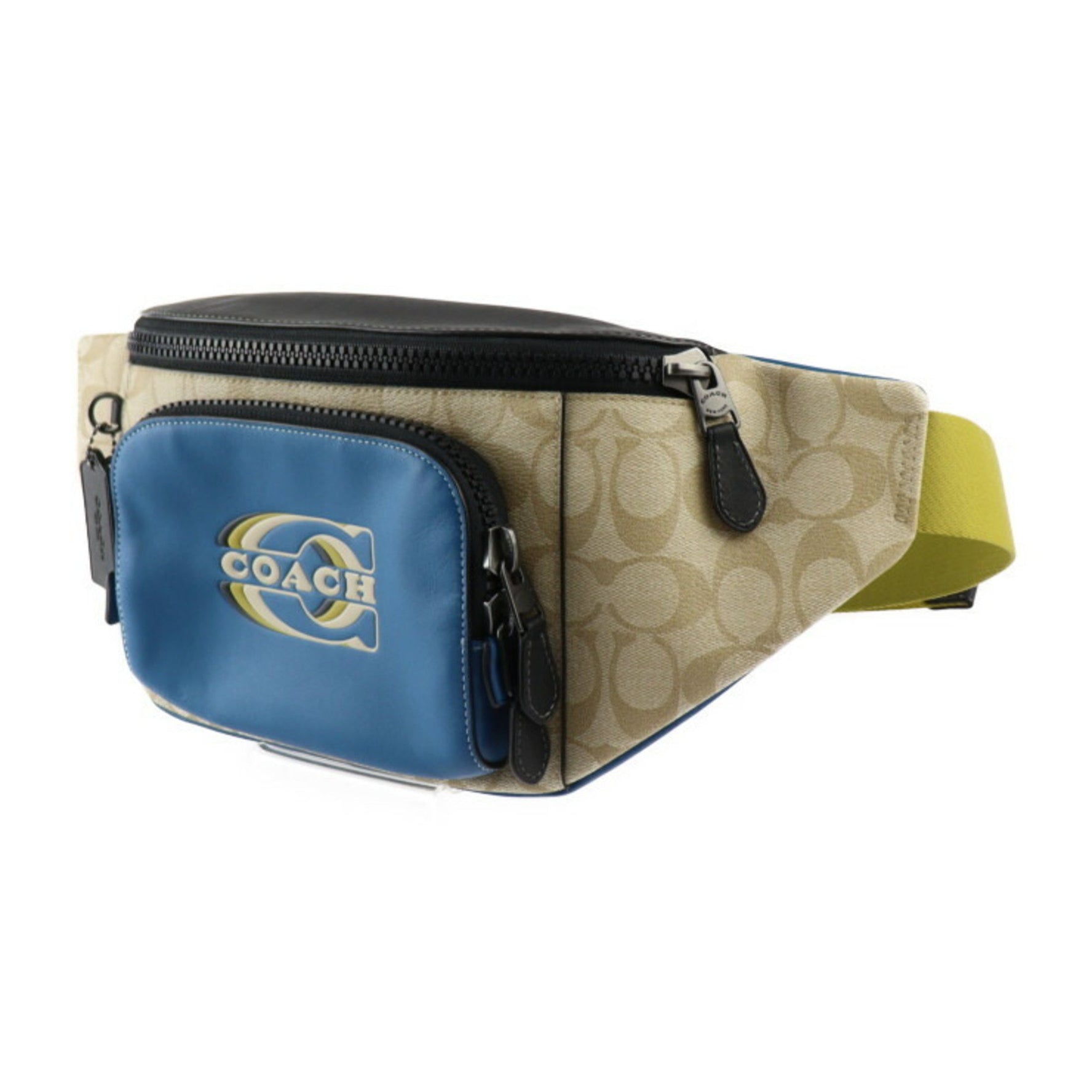 COACH Signature Waist Bag PVC Leather Blue Beige Black Belt Color Block