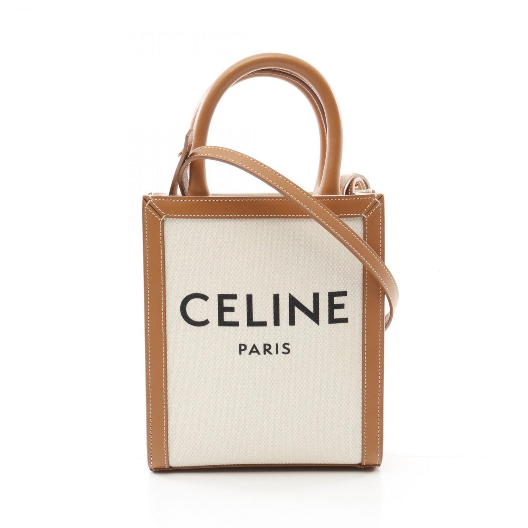 CELINE Mini Vertical Cabas Handbag Canvas Leather Ivory Brown