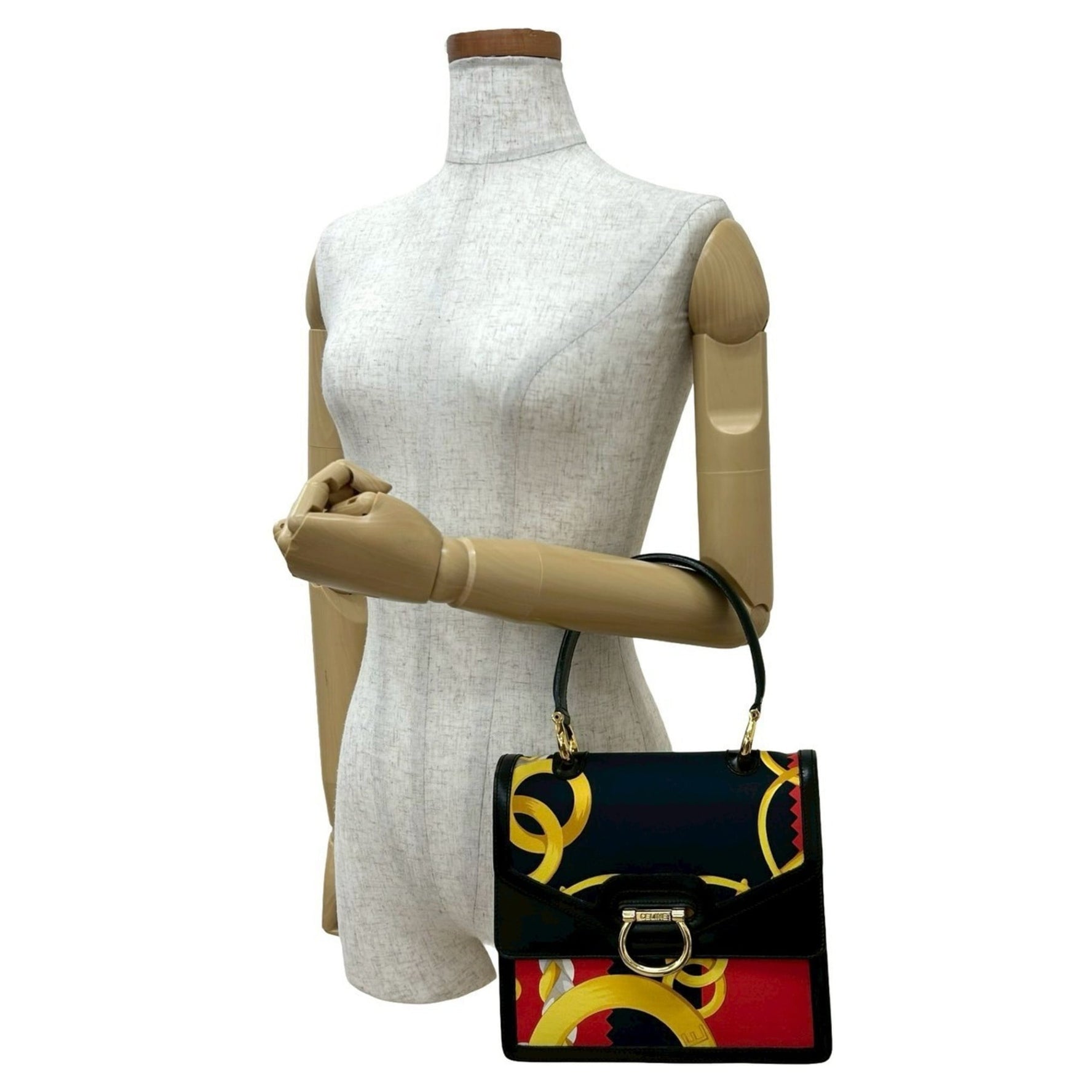 Unused, stored Celine scarf-patterned Gancini calf leather and silk mini handbag in black red