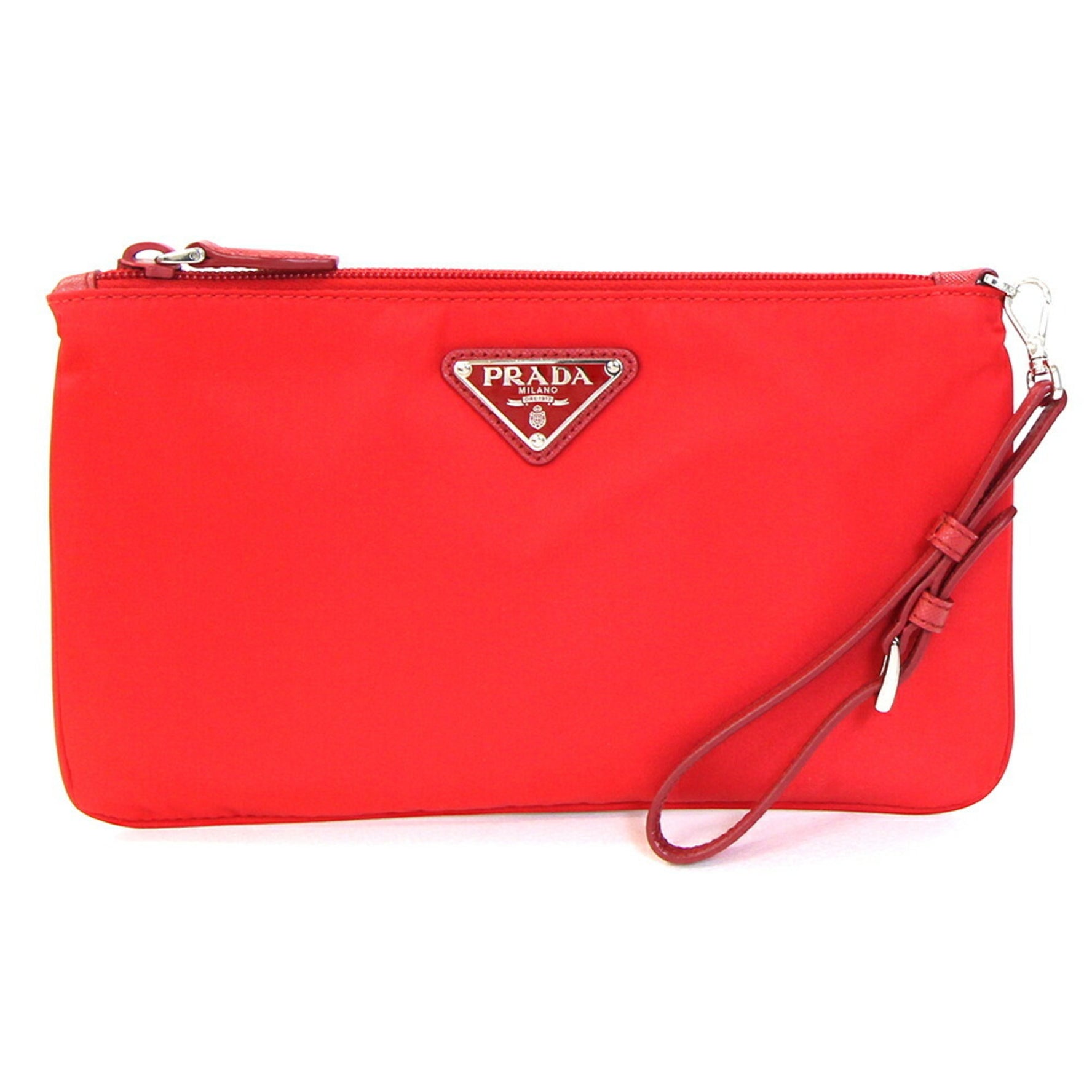 Prada Clutch Bag Red Nylon Leather Flat Pouch with Hand Strap Triangle