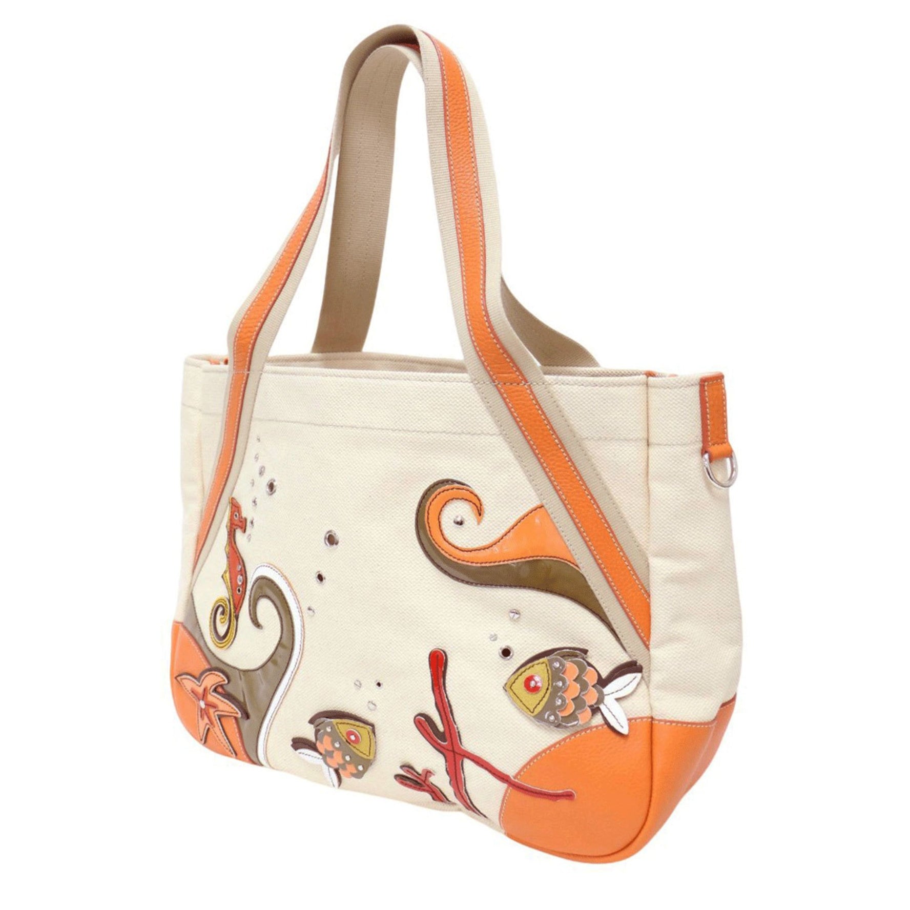 PRADA Bag Off-White Orange Canvas Leather Combination Tote Shoulder Seahorse Fish Motif