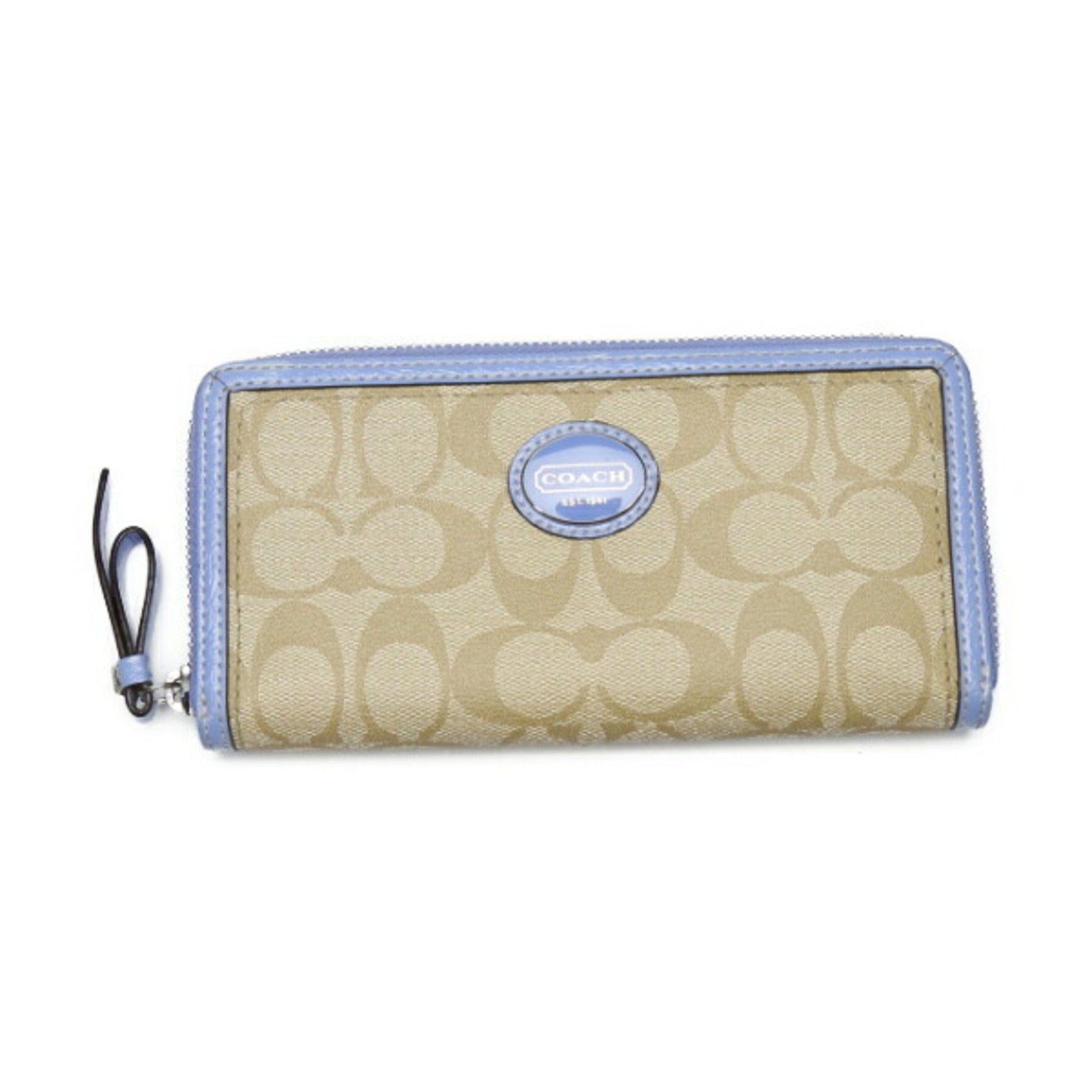COACH Round Zipper Long Wallet PVC External Pocket Beige x Light Blue