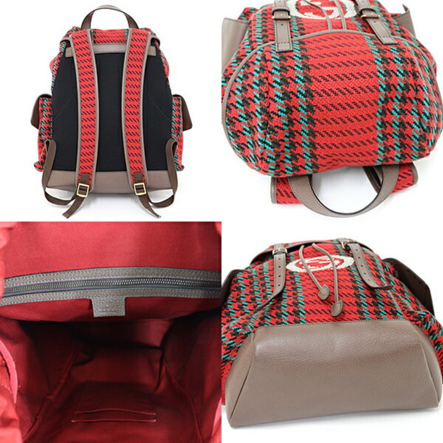 GUCCI Houndstooth and Stripe Backpack with Interlocking G Red