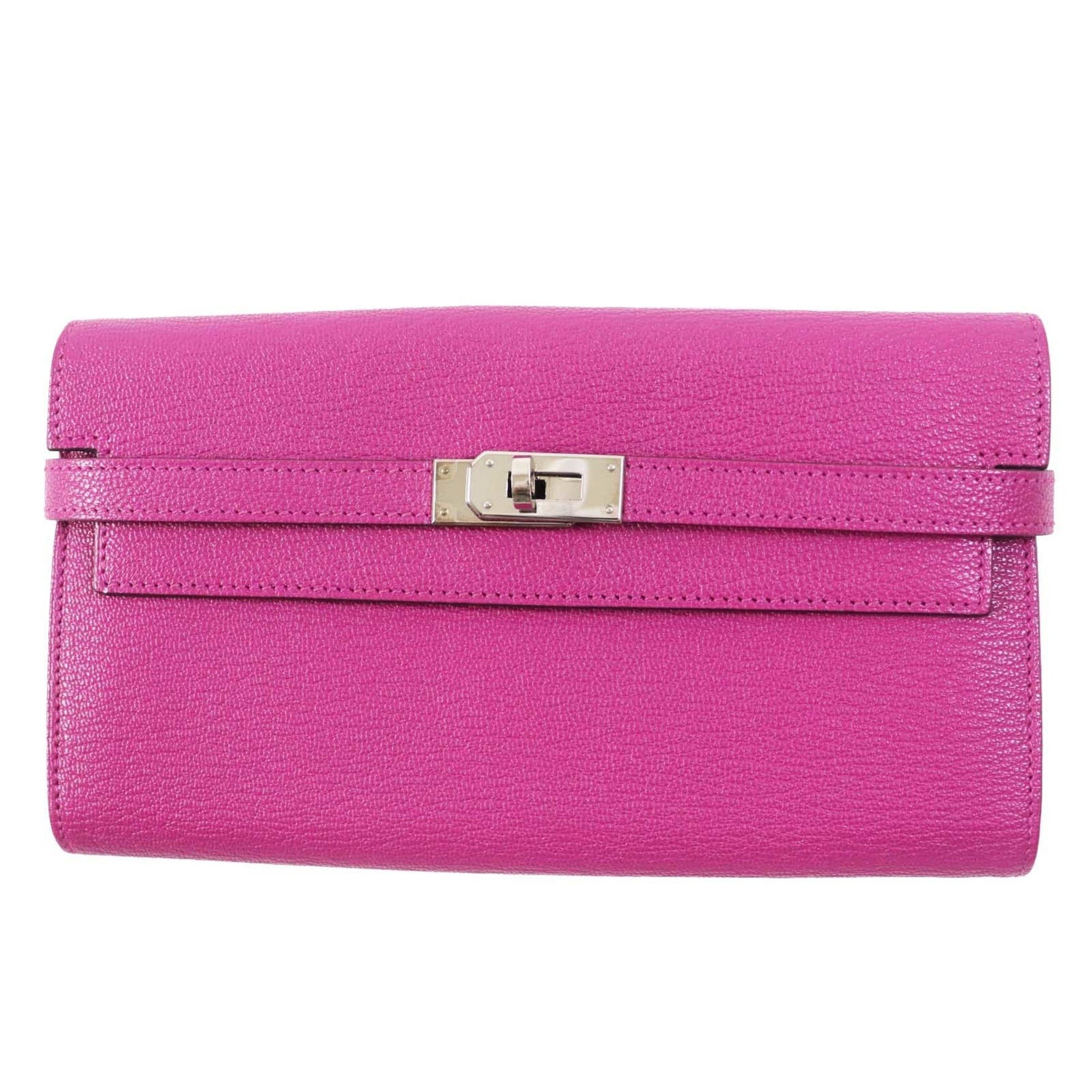HERMES Kelly Wallet in Rose Purple with Silver Hardware, Chevre Pattern, Made France