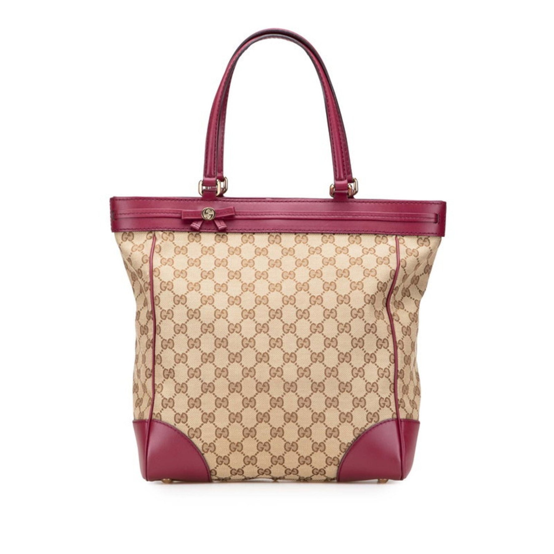 Gucci GG Canvas Ribbon Tote Bag Wine Red Leather