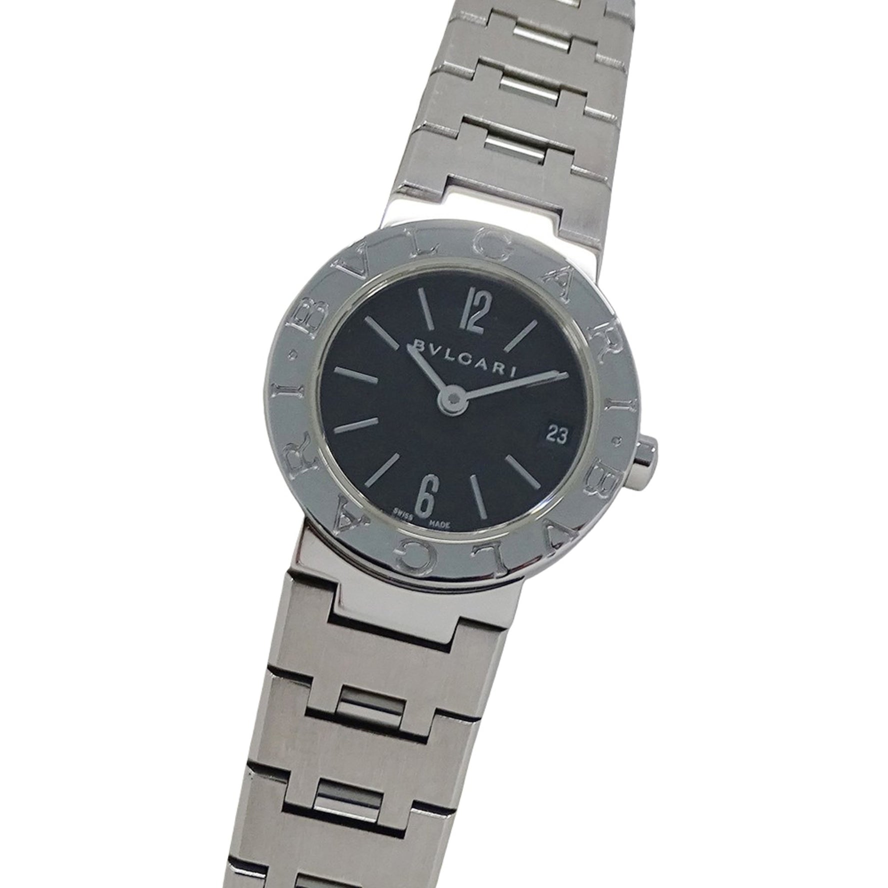 BVLGARI Watch, Brand: Date Quartz QZ Stainless Steel SS Silver Black Round Polished
