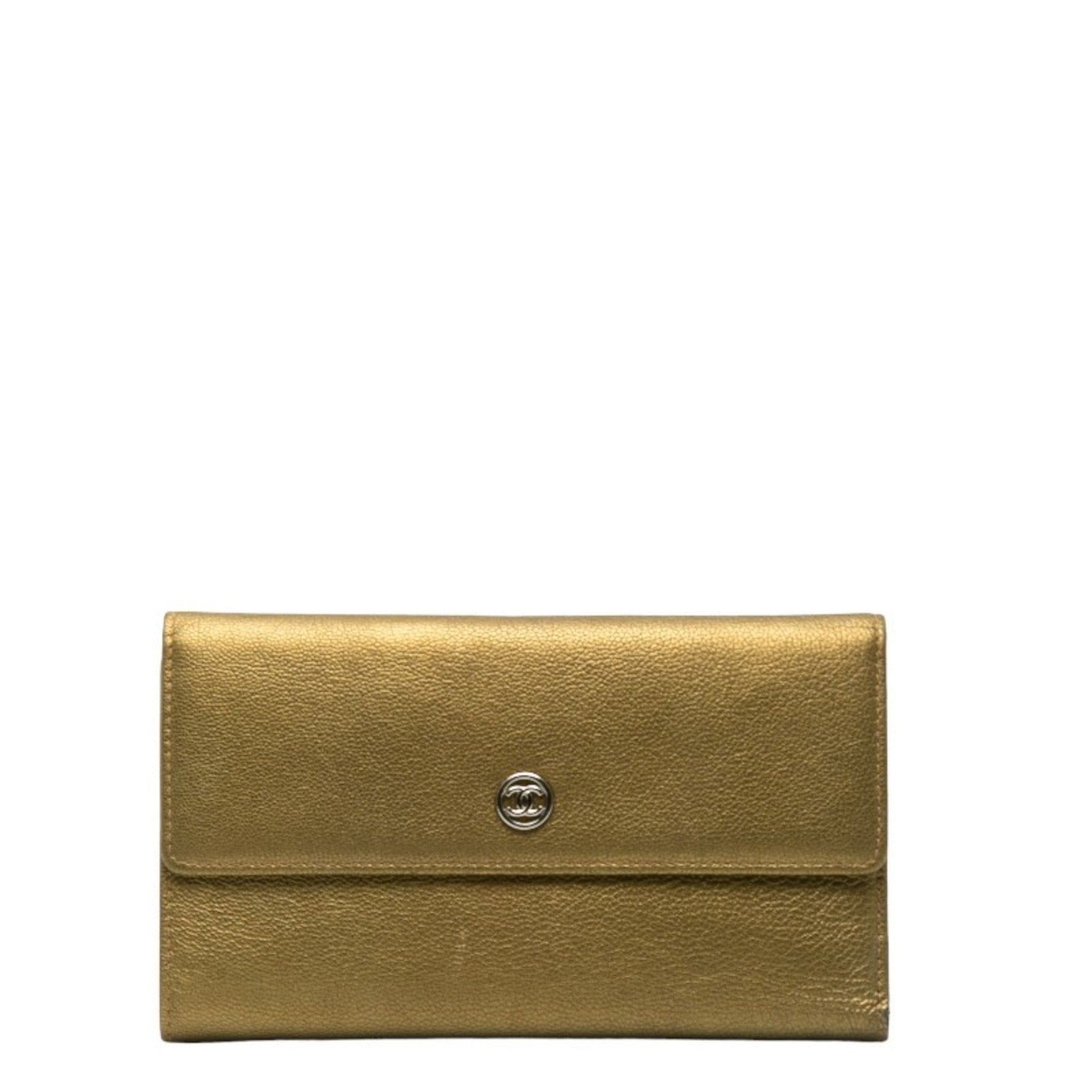 Chanel Coco Mark Tri-fold Wallet Long Metallic Khaki Leather