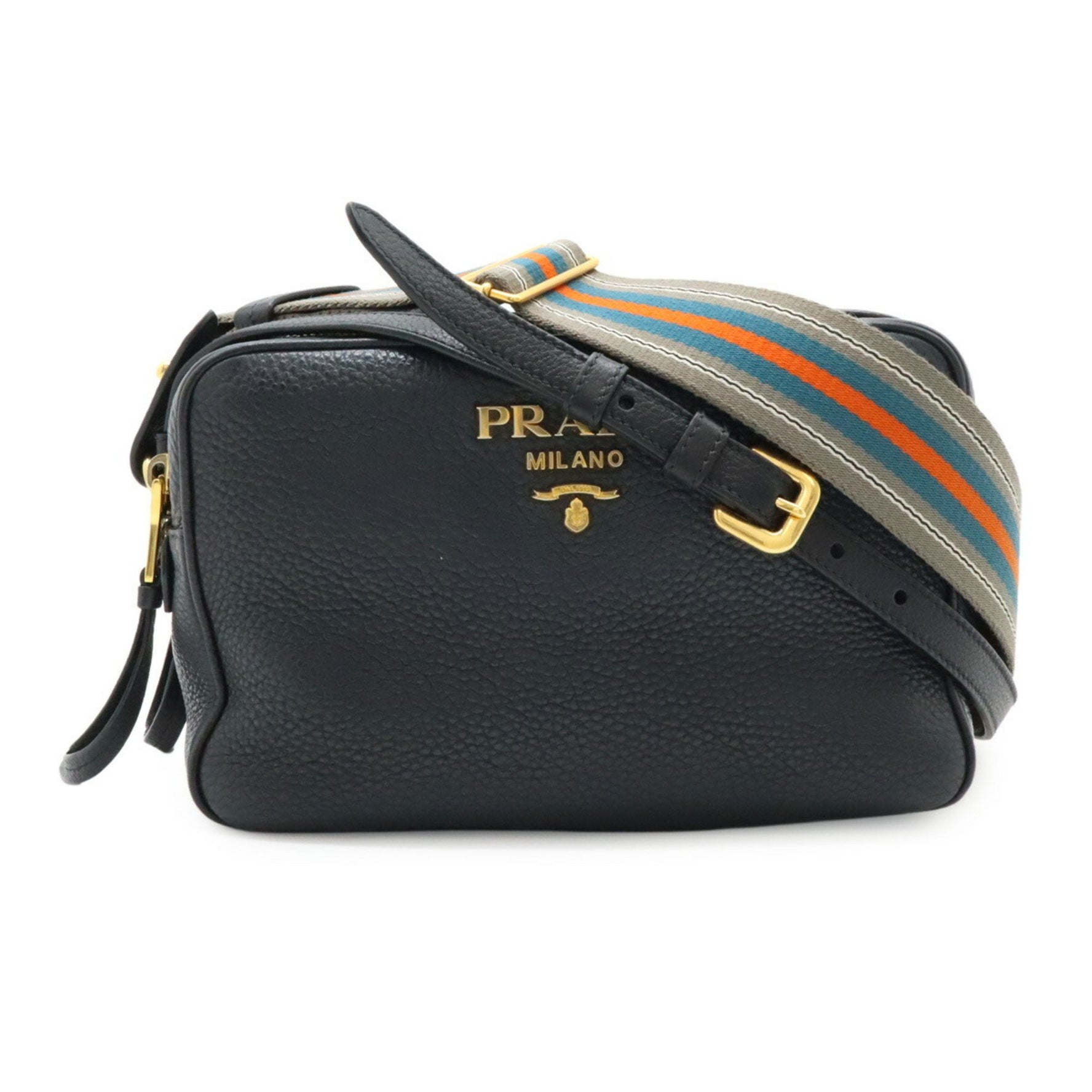 PRADA Shoulder Bag Pochette Striped Leather NERO Black