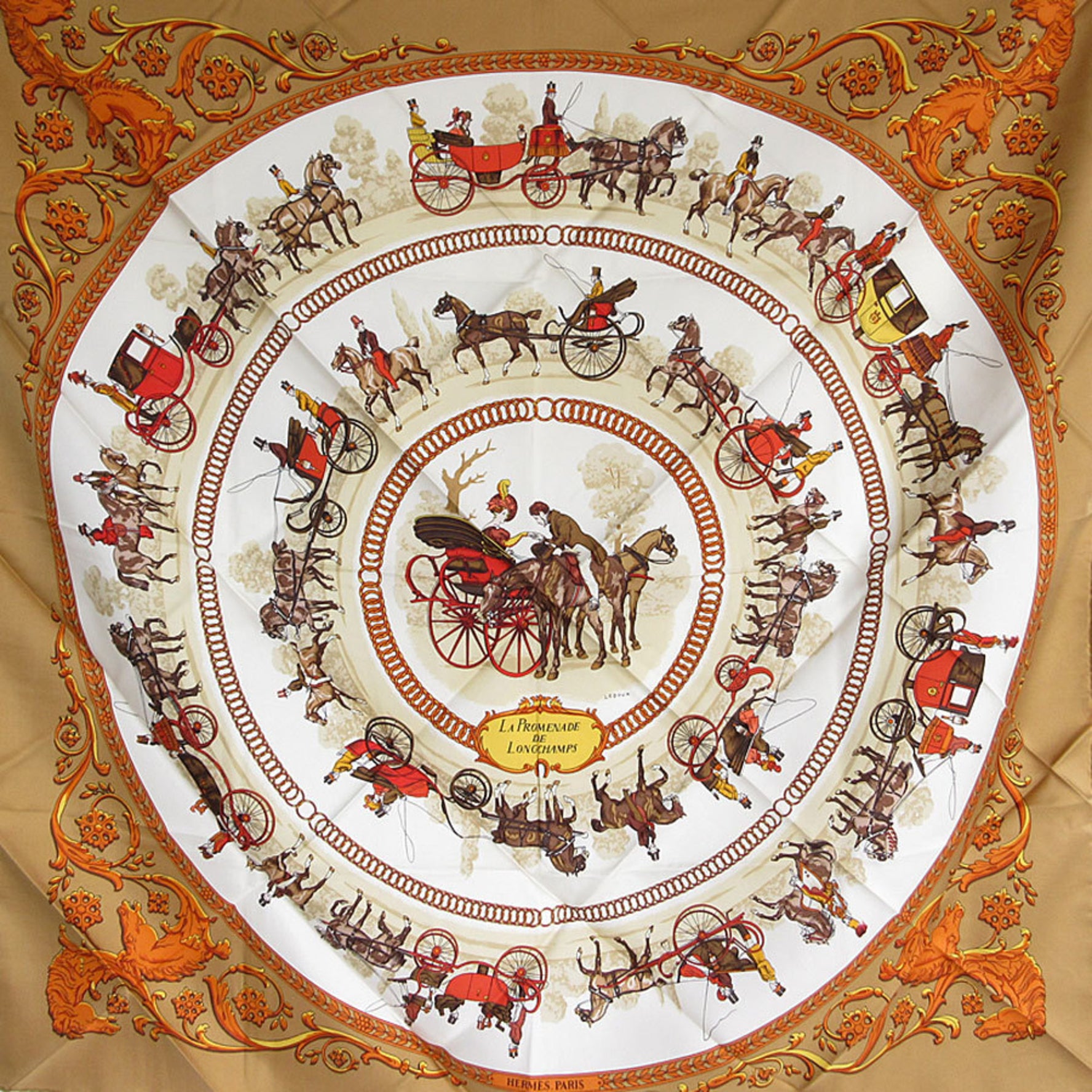 Hermes Scarf/Muffler Carre 90 LA PROMENADE DE LONGCHAMPS Silk Brown Multicolor