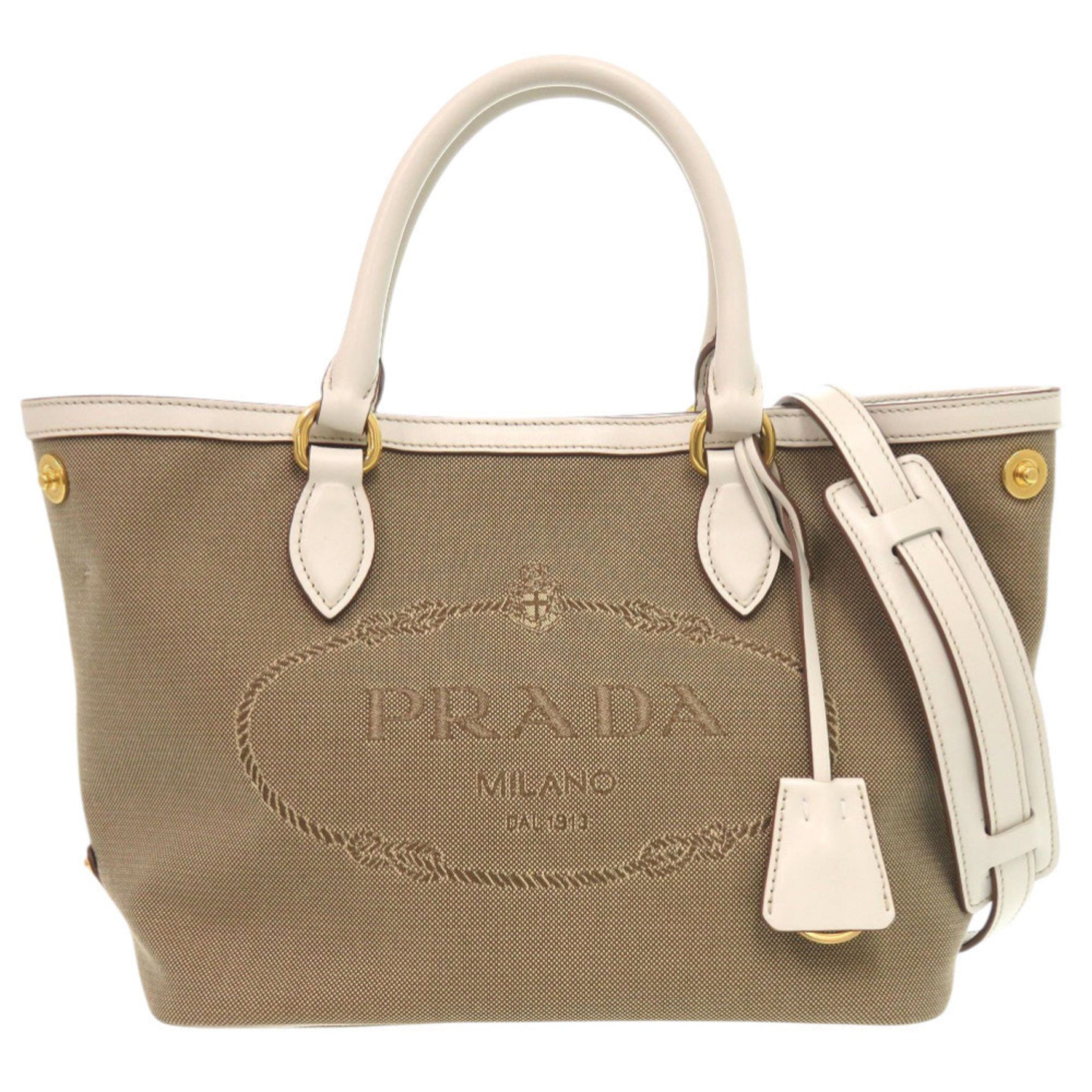 Like new Prada Logo Jacquard Leather Corda Talc Beige White Shoulder Bag 0780
