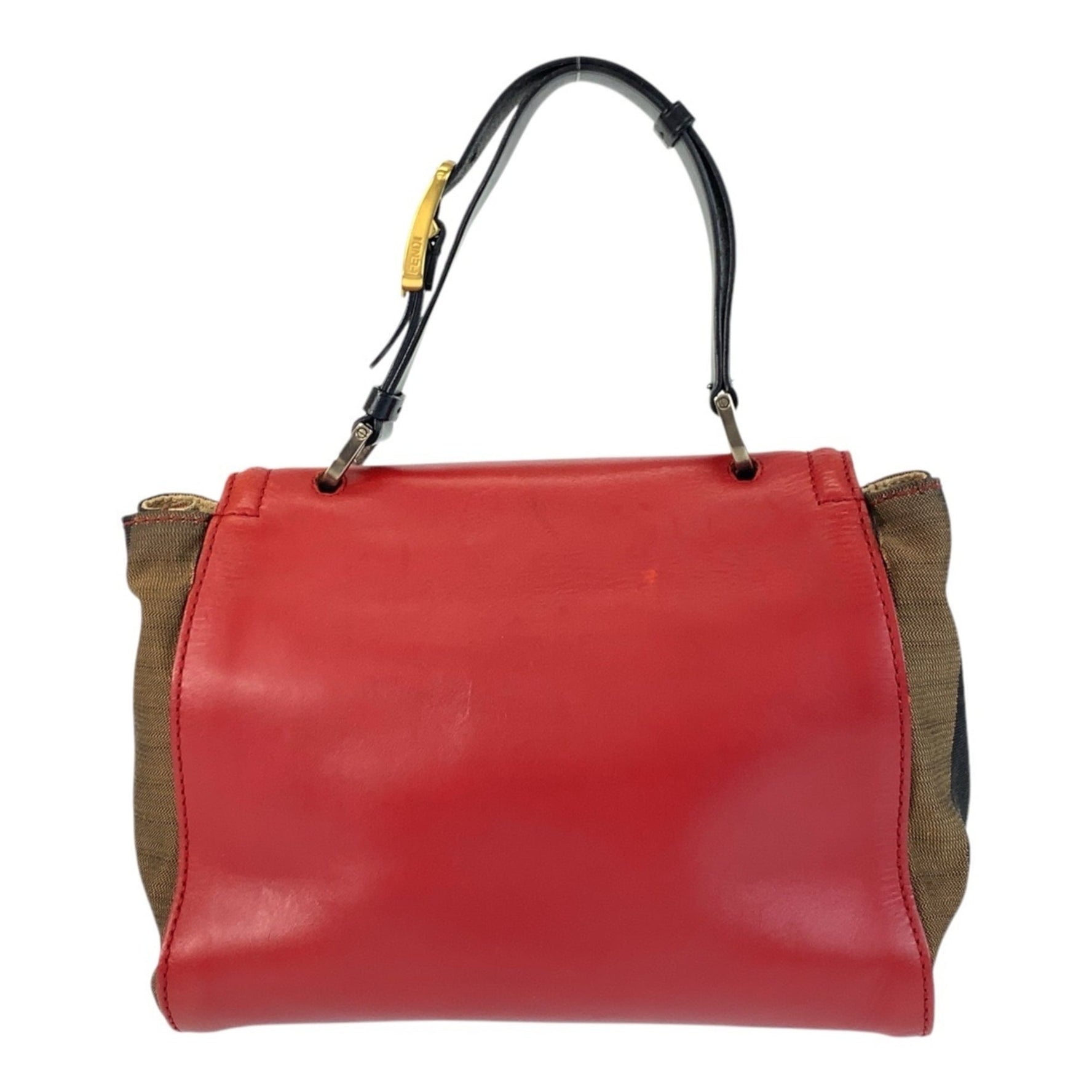 FENDI Pecan Silvana Red Brown Leather Canvas Handbag/Shoulder Bag