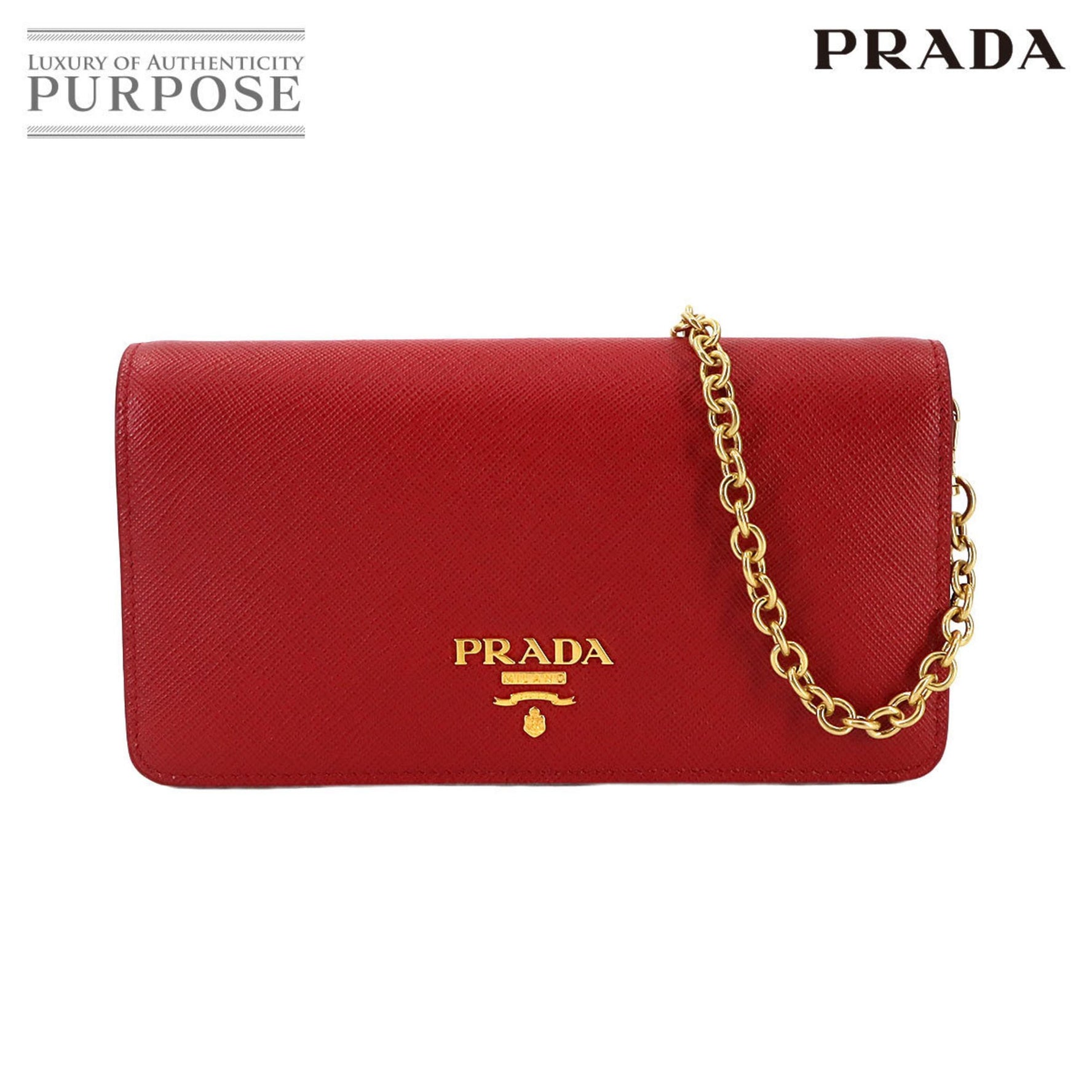 Prada Saffiano Chain Wallet, Long Leather, Fuoco, Red, Gold Hardware