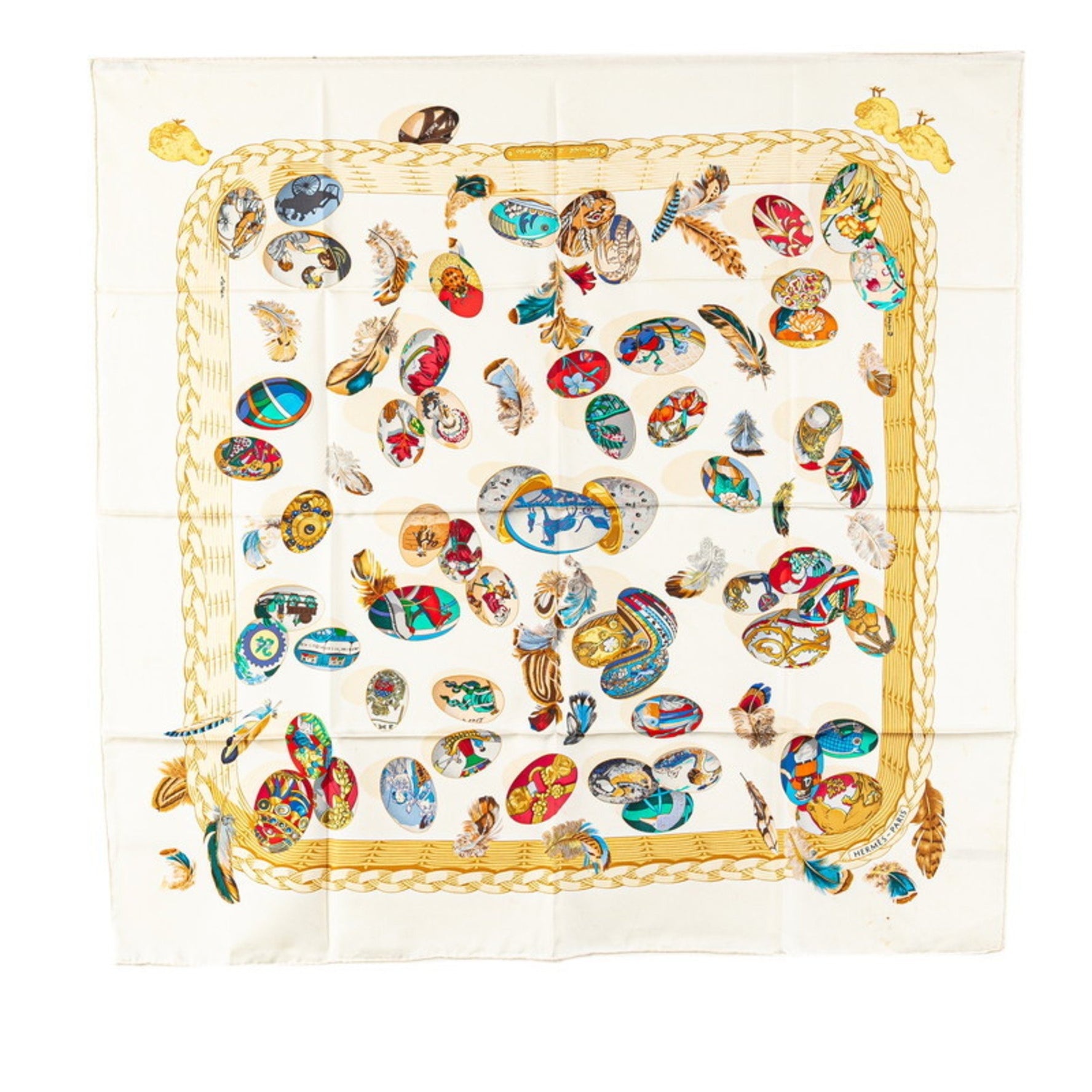 Hermès Carré 90 COUVEE D'HERMES Chicks Scarf Muffler White Multicolor Silk HERMES