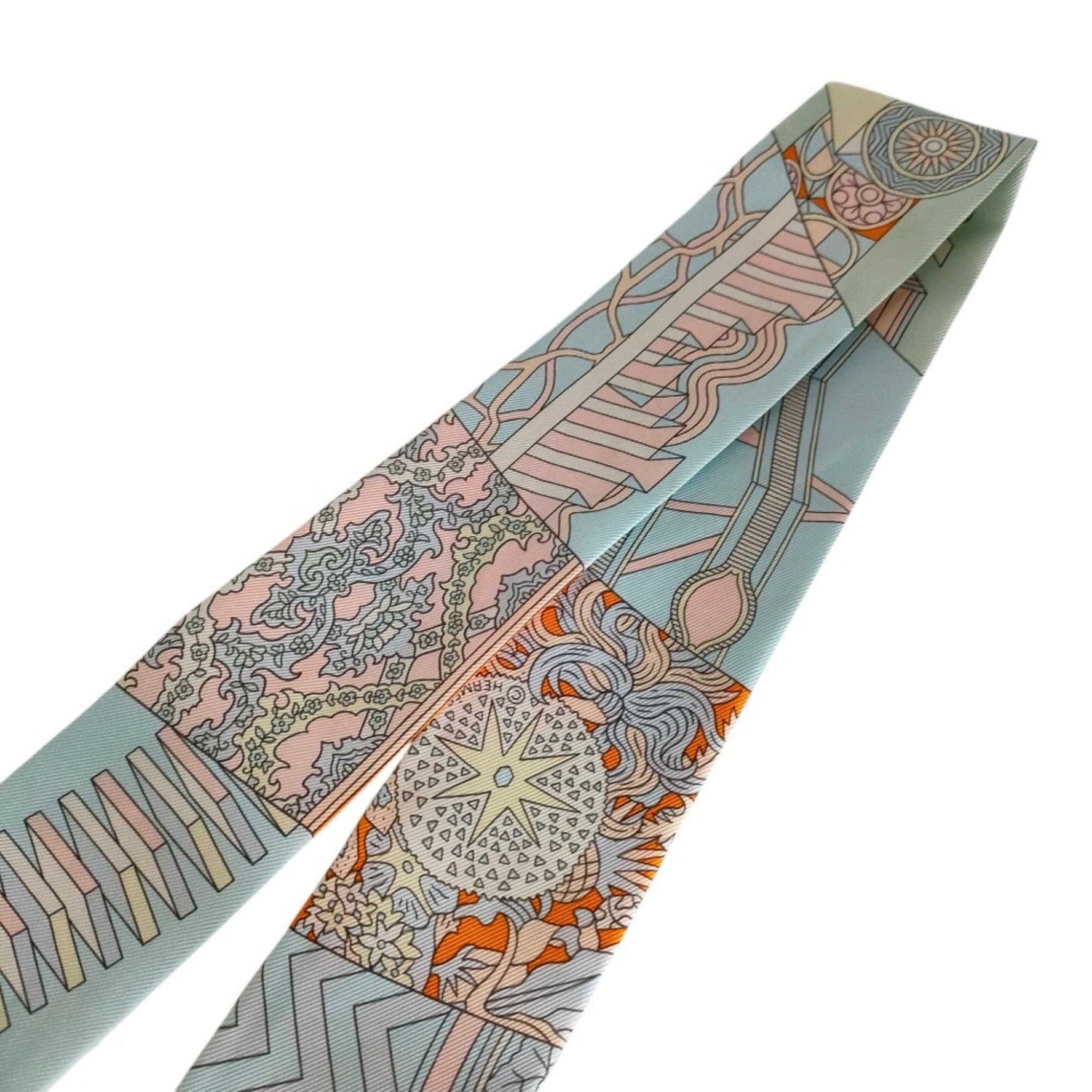 HERMES "De l'Ombrelle aux Duels" Silk Twilly Scarf/Muffler, Pale