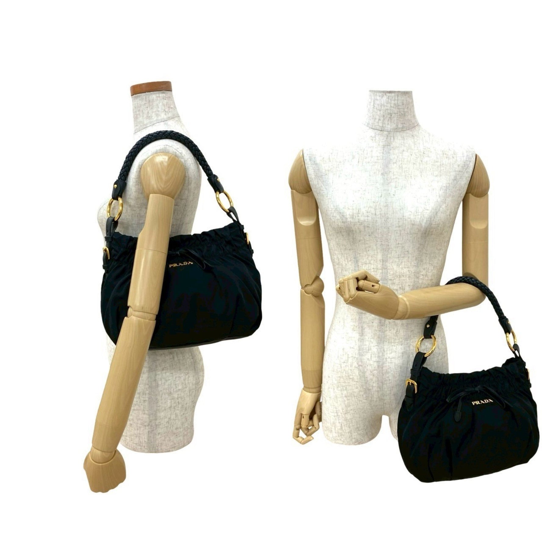 PRADA logo hardware ribbon motif gathered leather and nylon semi-shoulder bag handbag